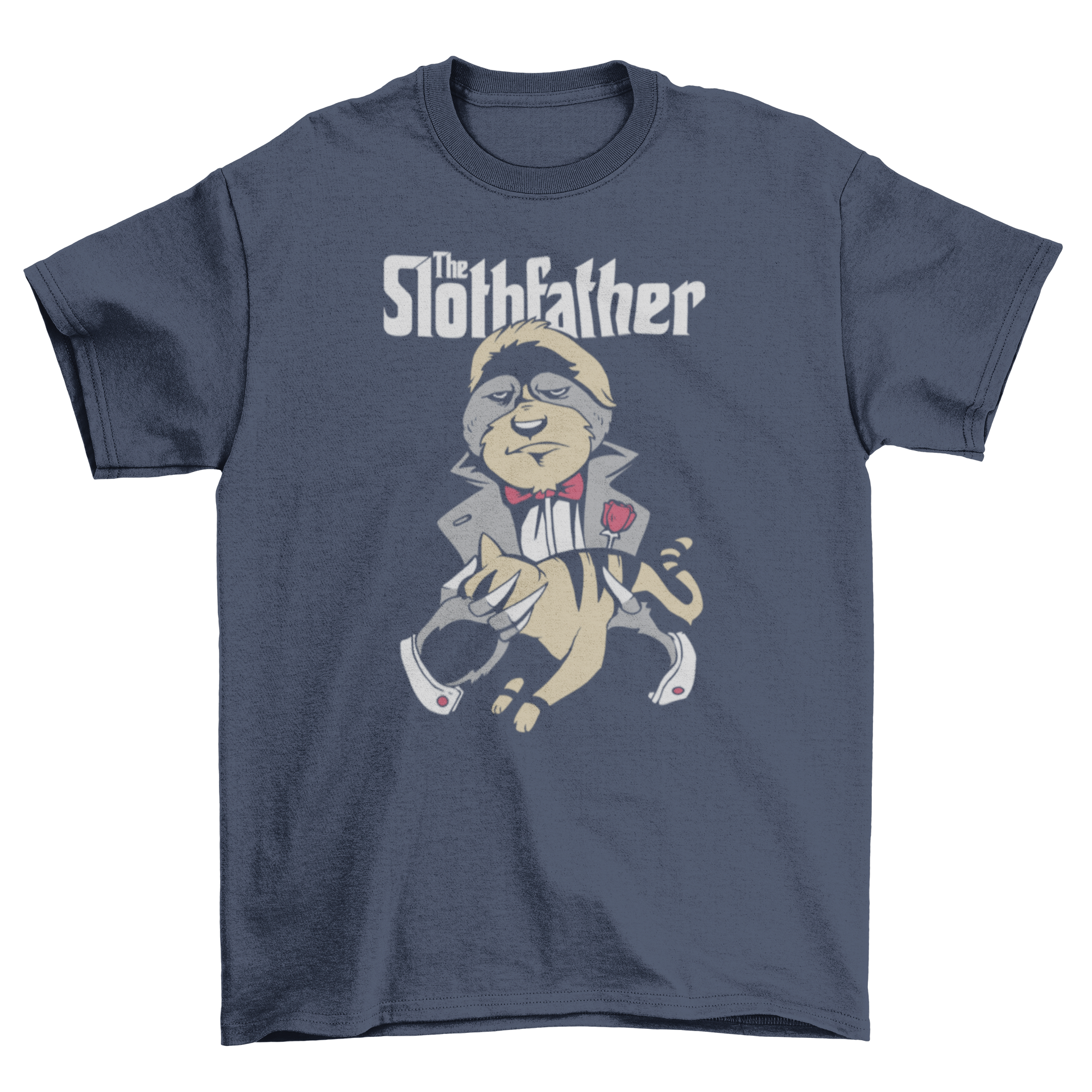 The Slothfather T-shirt featuring a cartoon gangster sloth design with the text 'THE SLOTHFATHER'.