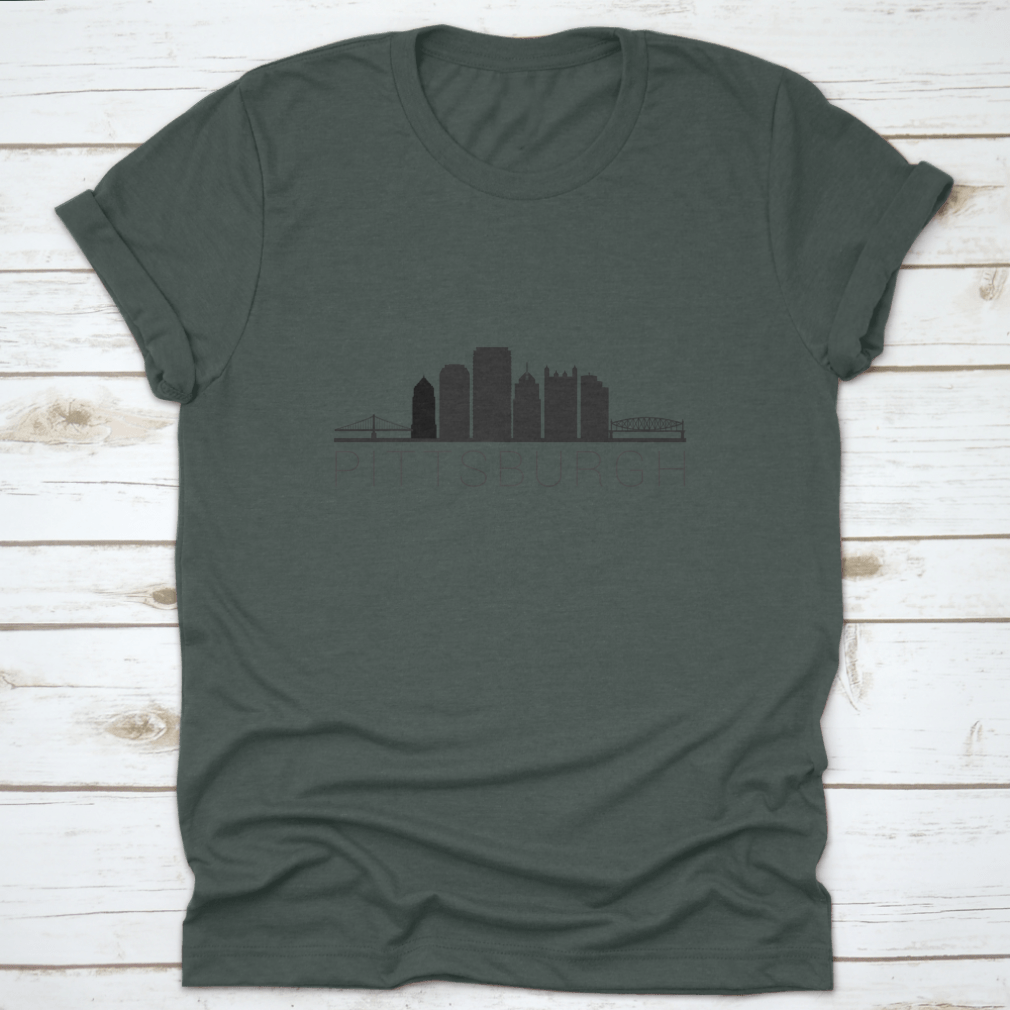 A stylish t-shirt featuring a skyline silhouette of a city, showcasing iconic landmarks in a modern design.