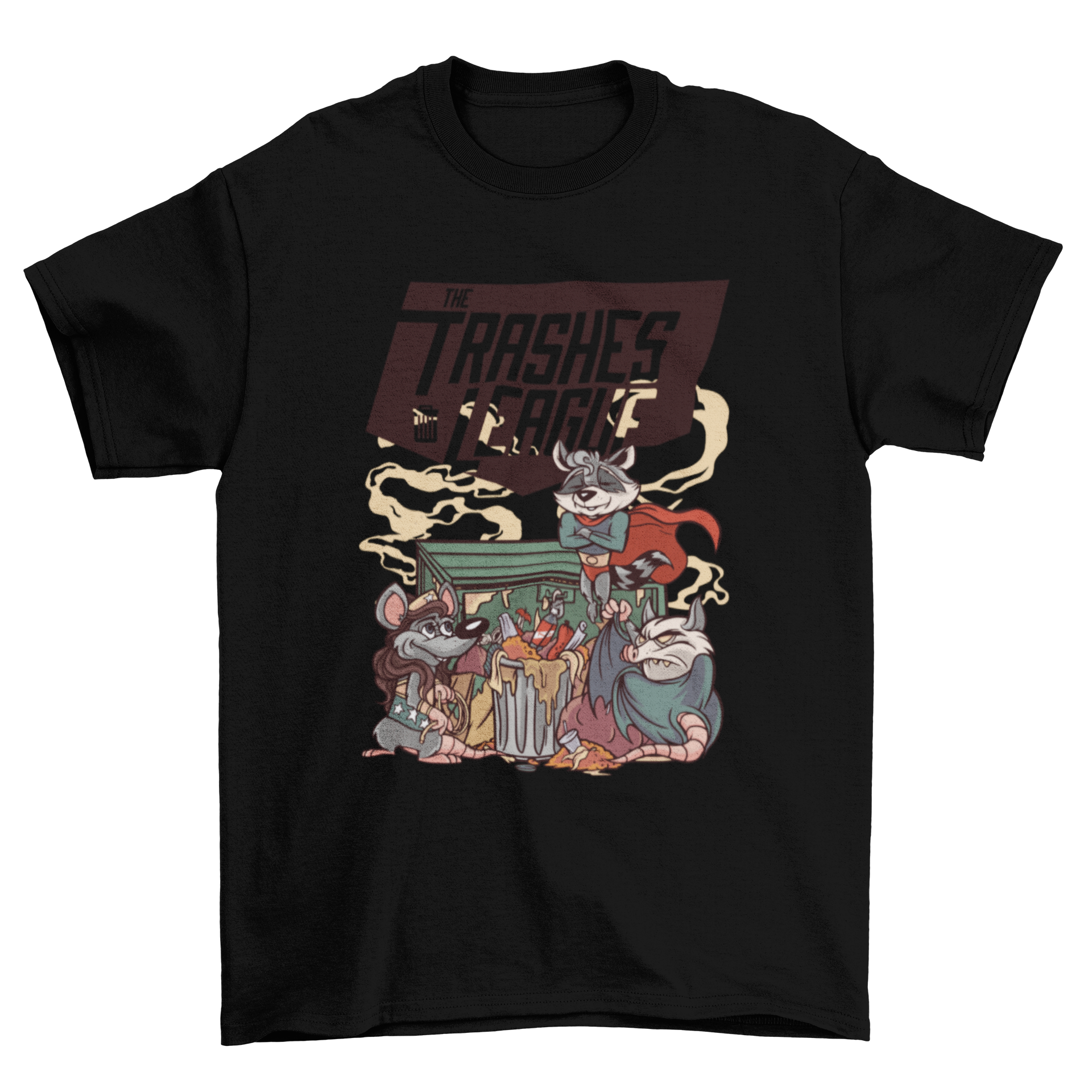 Funny t-shirt featuring a raccoon, rat, and possum dressed as superheroes, showcasing a colorful and playful design.