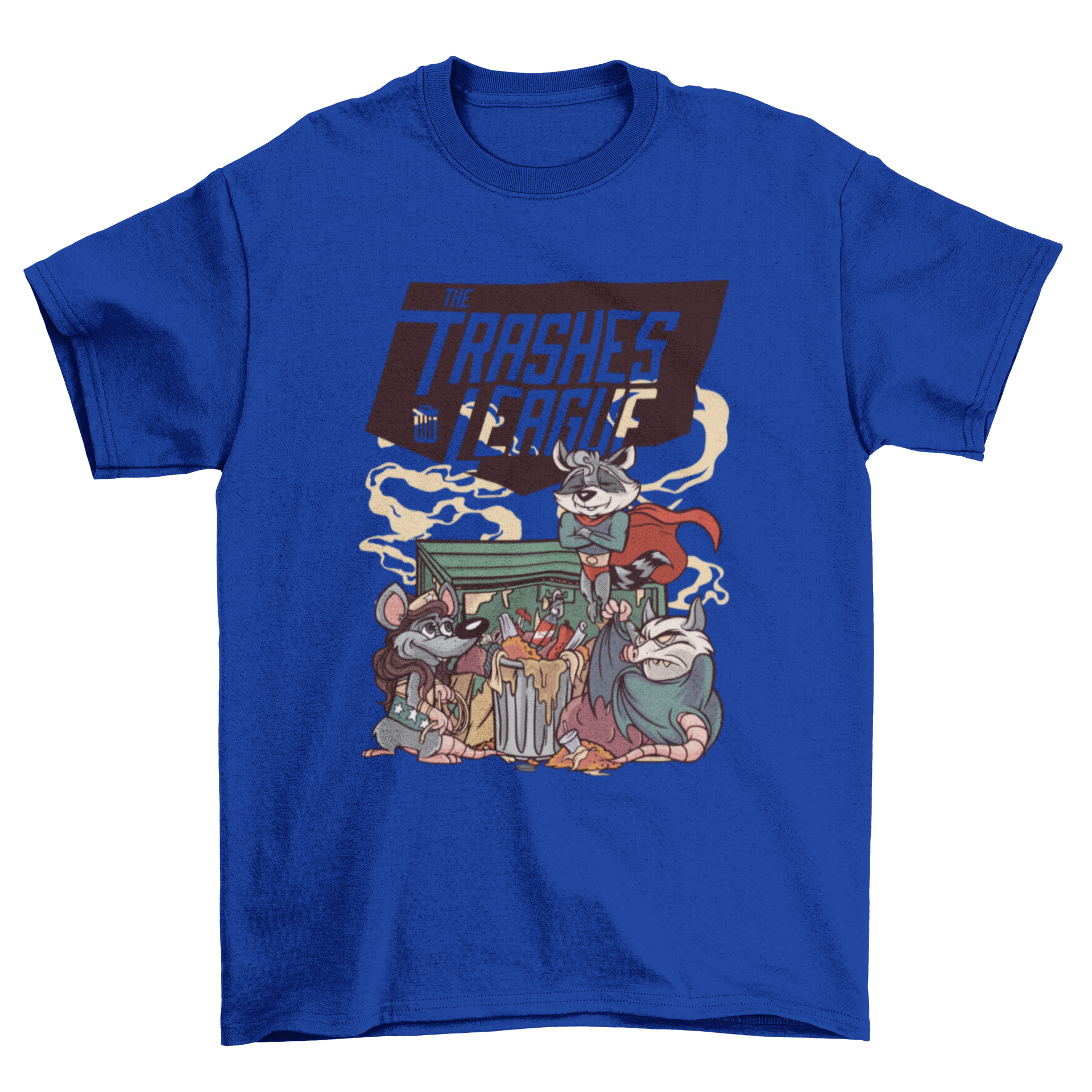 Funny t-shirt featuring a raccoon, rat, and possum dressed as superheroes, showcasing a colorful and playful design.