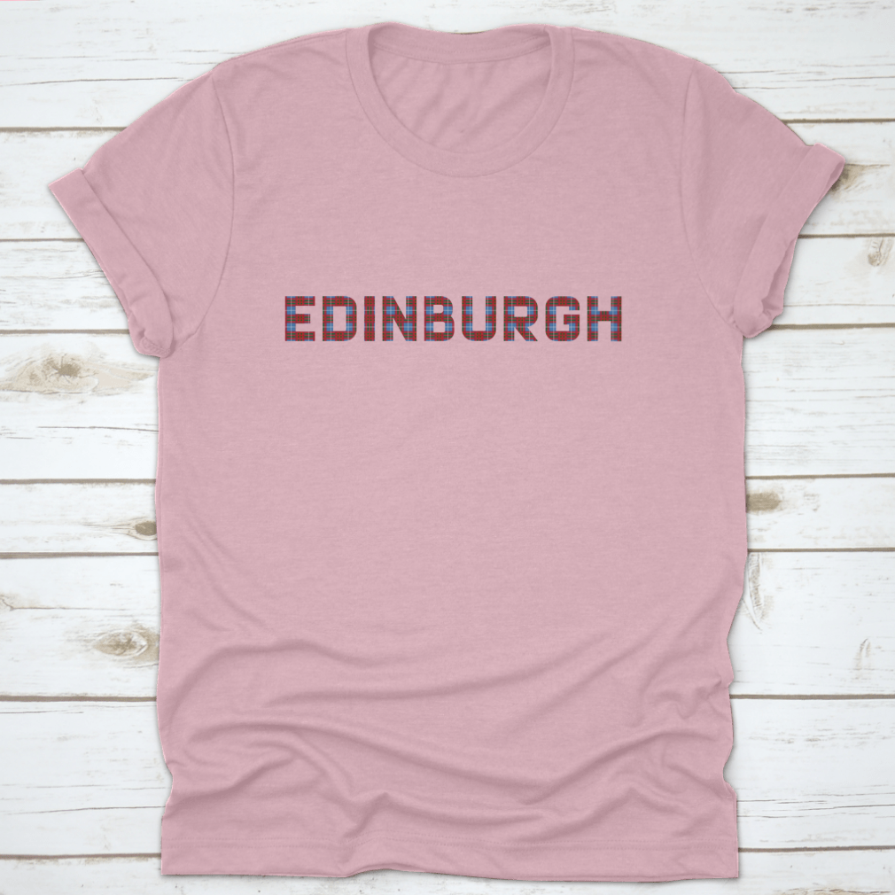 A stylish shirt featuring the word 'Edinburgh' in letters inspired by the Edinburgh tartan, showcasing vibrant colors and a comfortable fit.