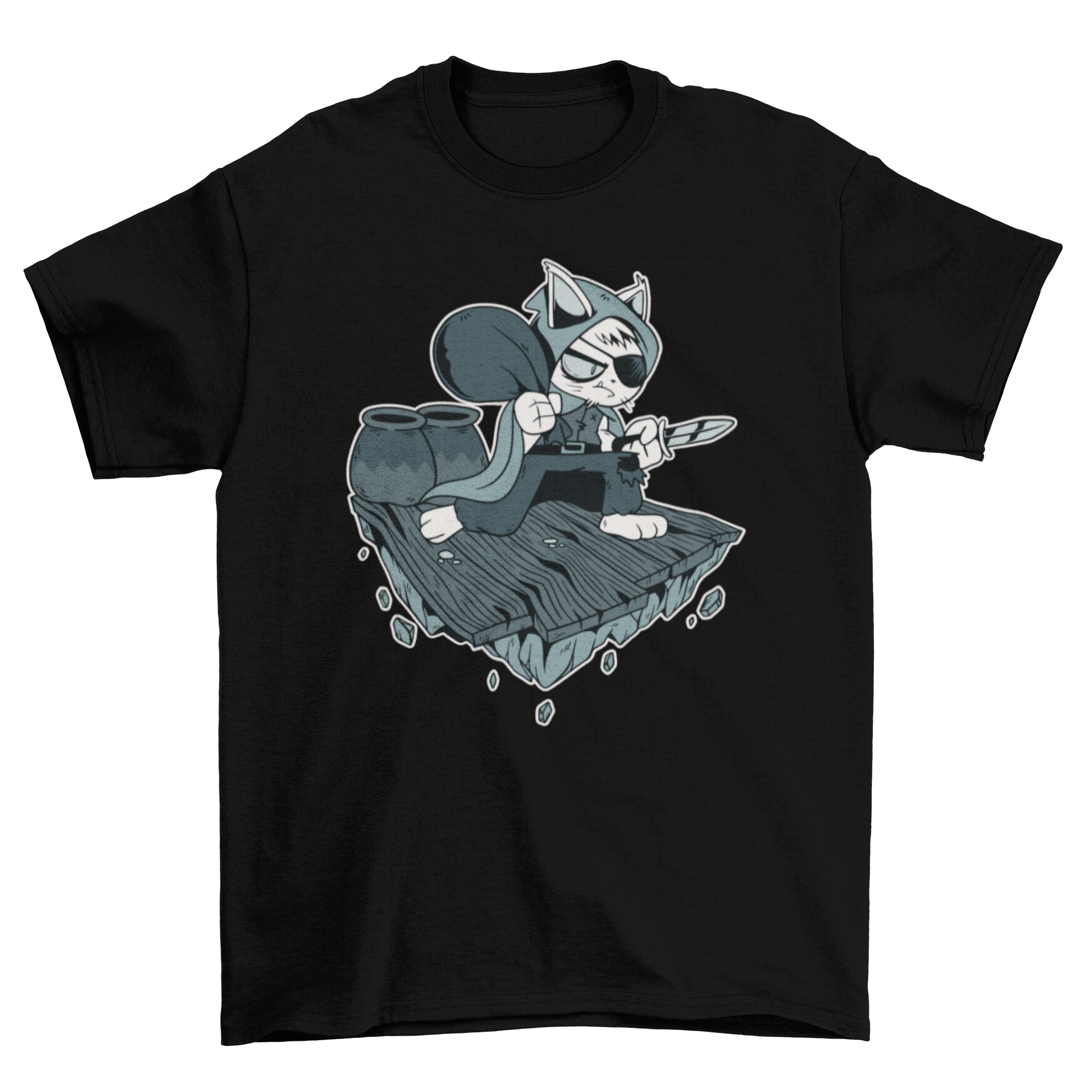 Thief cat t-shirt design featuring a playful cat holding a dagger, ideal for various merchandise.