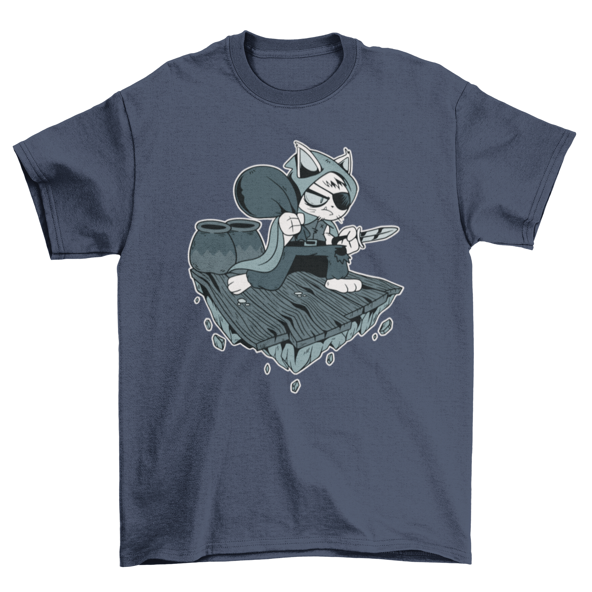 Thief cat t-shirt design featuring a playful cat holding a dagger, ideal for various merchandise.