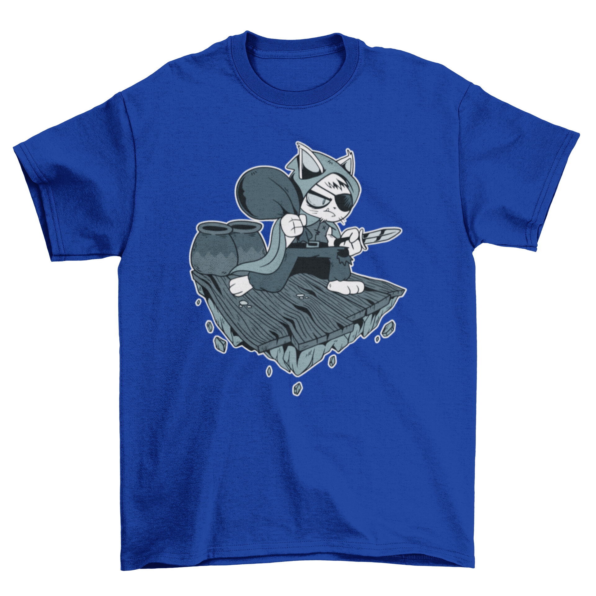 Thief cat t-shirt design featuring a playful cat holding a dagger, ideal for various merchandise.