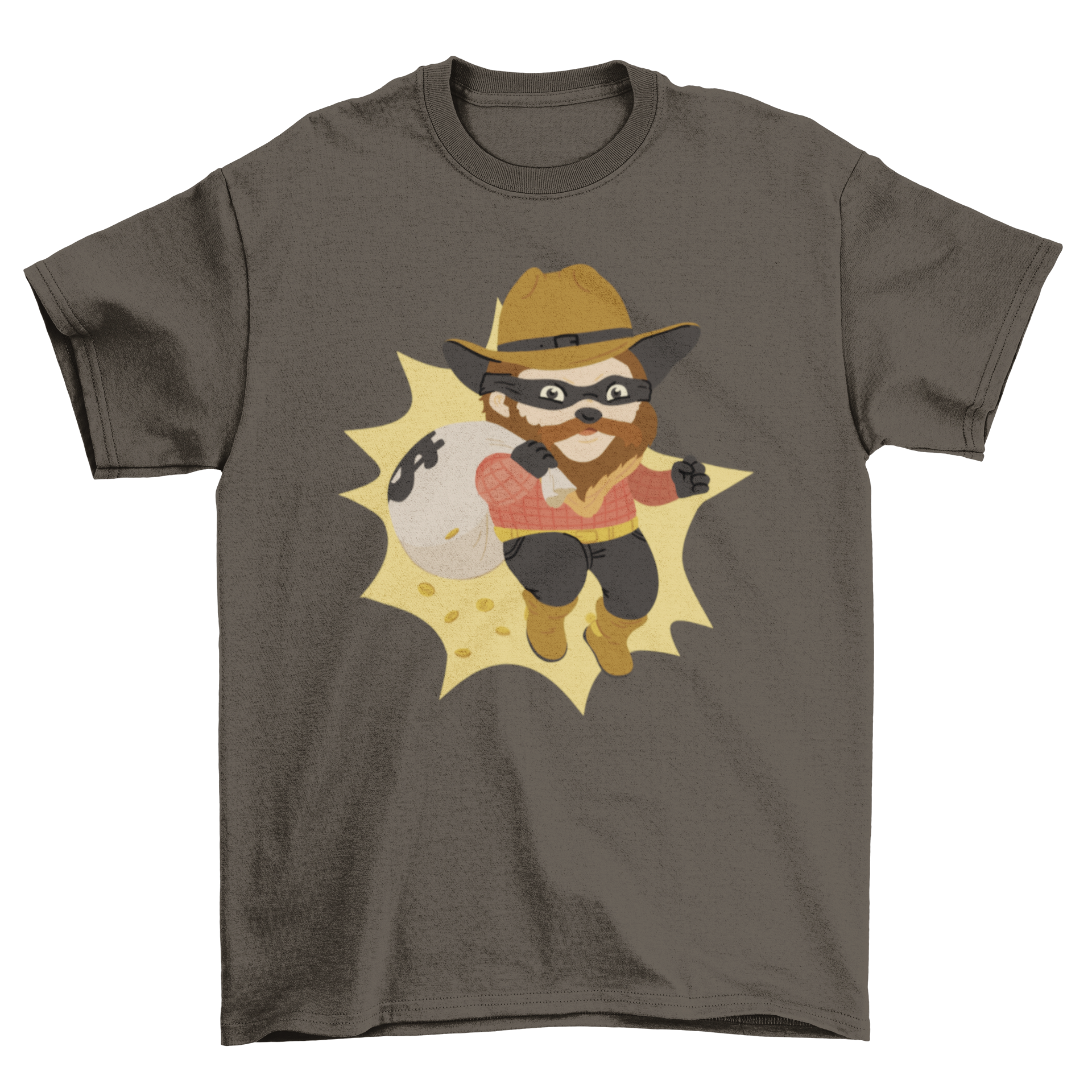 A fun t-shirt featuring a cartoon thief carrying a money bag, showcasing a playful design.