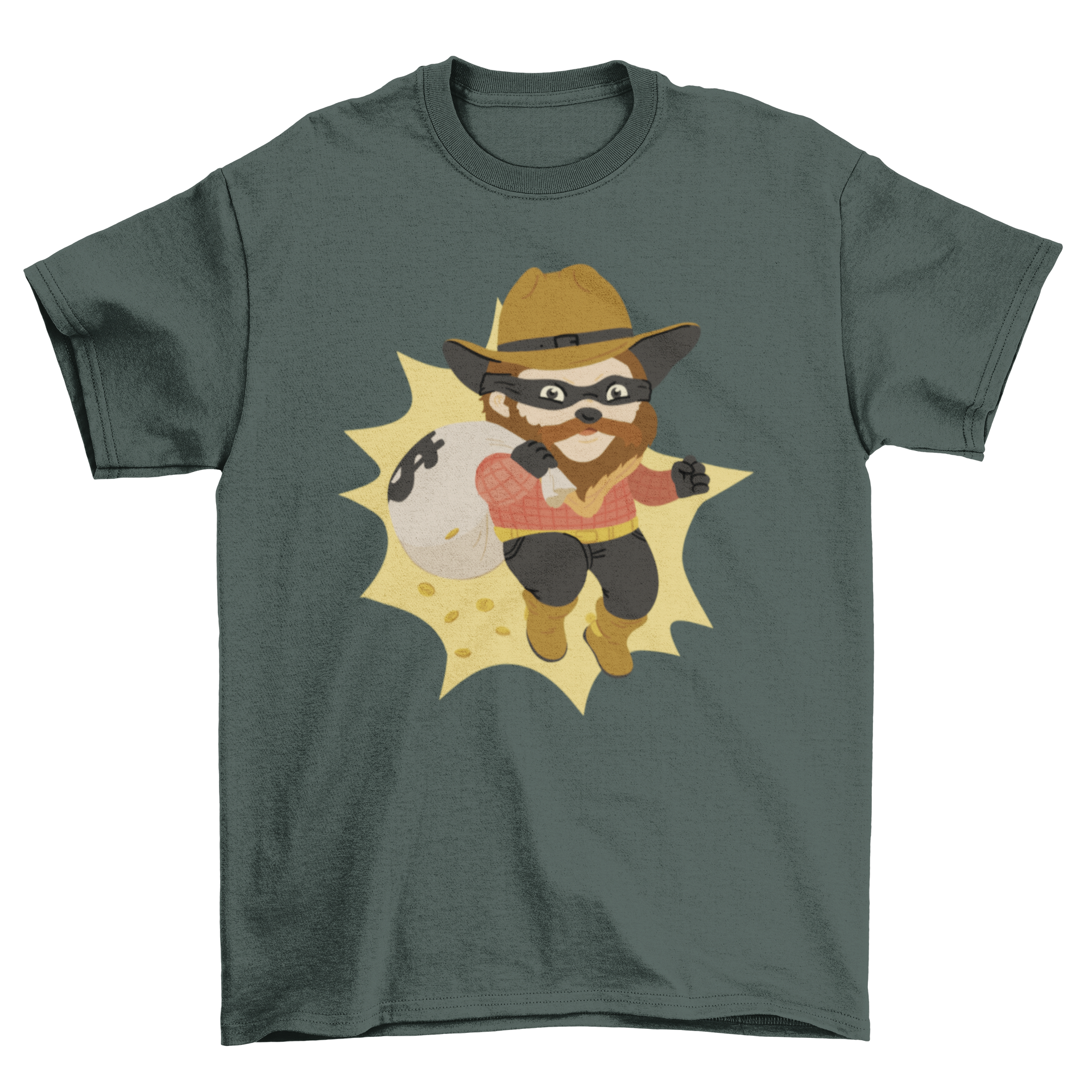 A fun t-shirt featuring a cartoon thief carrying a money bag, showcasing a playful design.