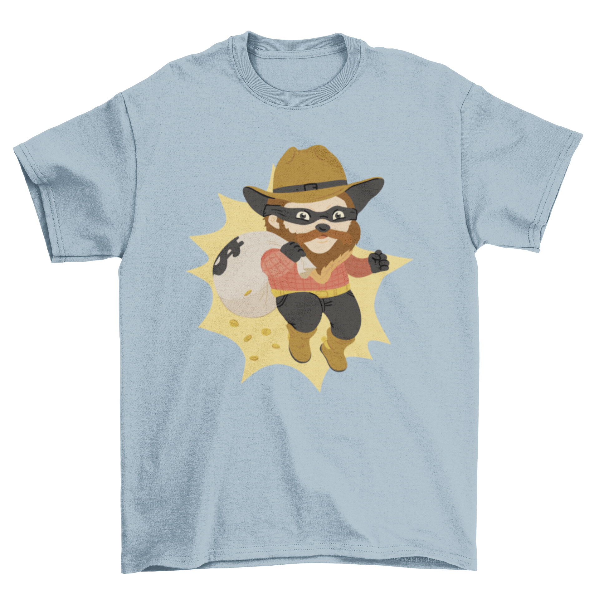 A fun t-shirt featuring a cartoon thief carrying a money bag, showcasing a playful design.