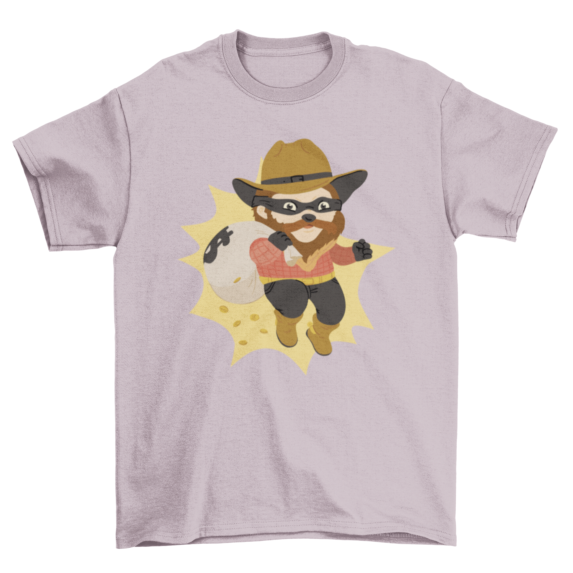 A fun t-shirt featuring a cartoon thief carrying a money bag, showcasing a playful design.