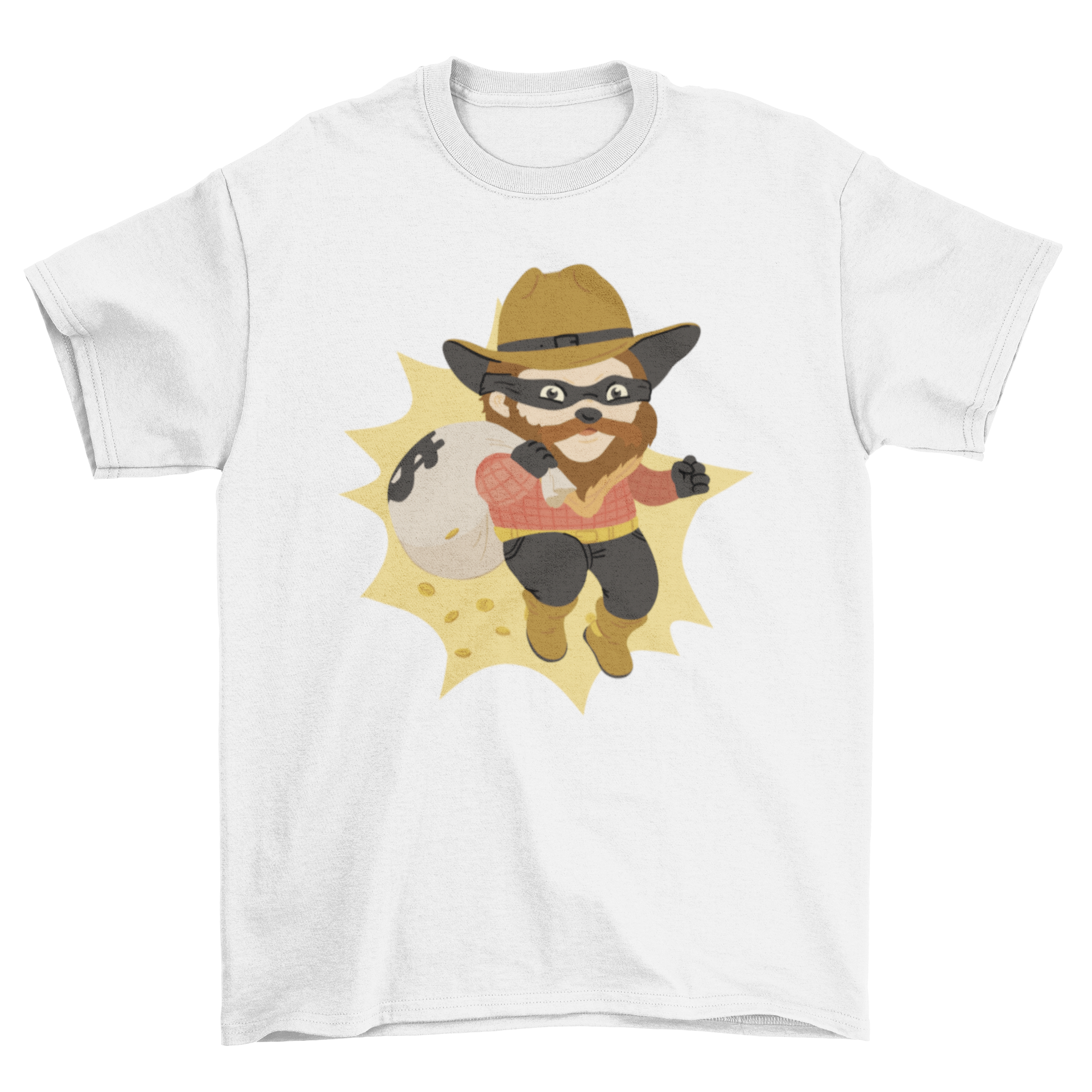 A fun t-shirt featuring a cartoon thief carrying a money bag, showcasing a playful design.