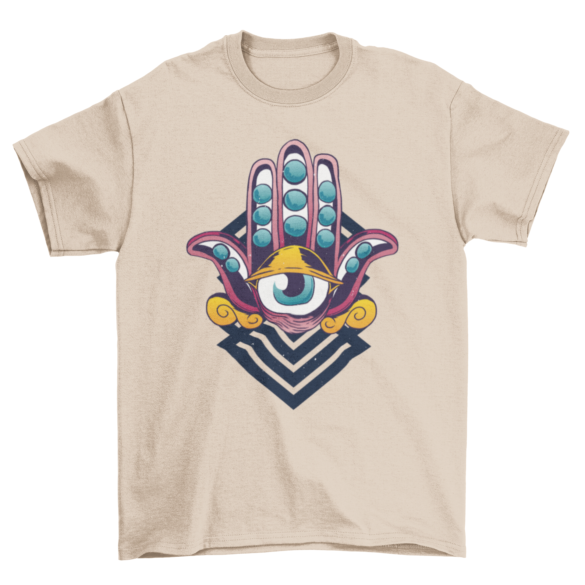 Third Eye T-Shirt featuring a colorful hand illustration with a mystical third eye design at the center.