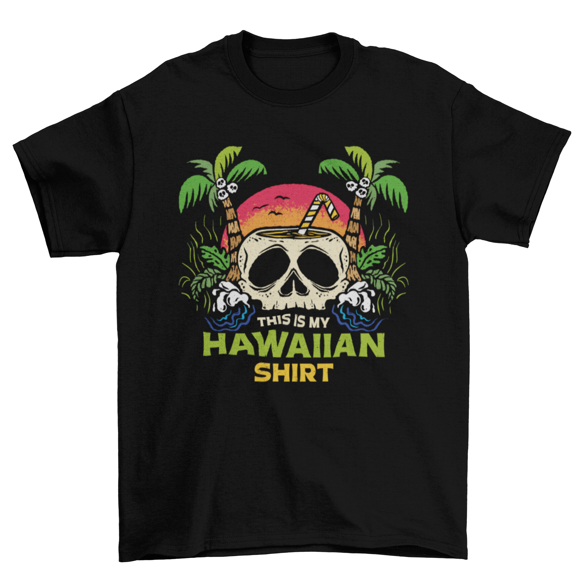 A vibrant Hawaiian t-shirt featuring a skull-shaped glass surrounded by palm trees and the quote 'This is my Hawaiian shirt'.