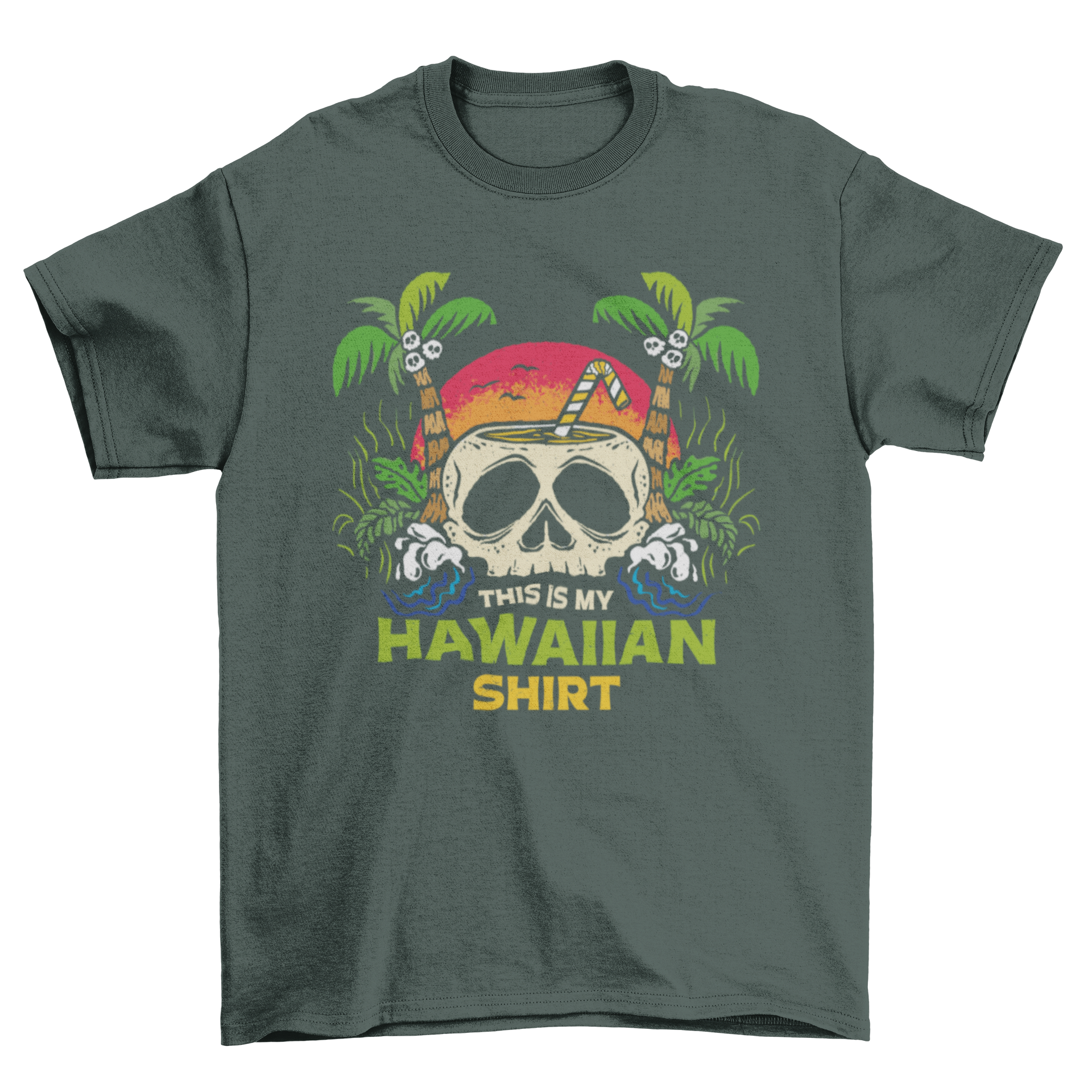 A vibrant Hawaiian t-shirt featuring a skull-shaped glass surrounded by palm trees and the quote 'This is my Hawaiian shirt'.