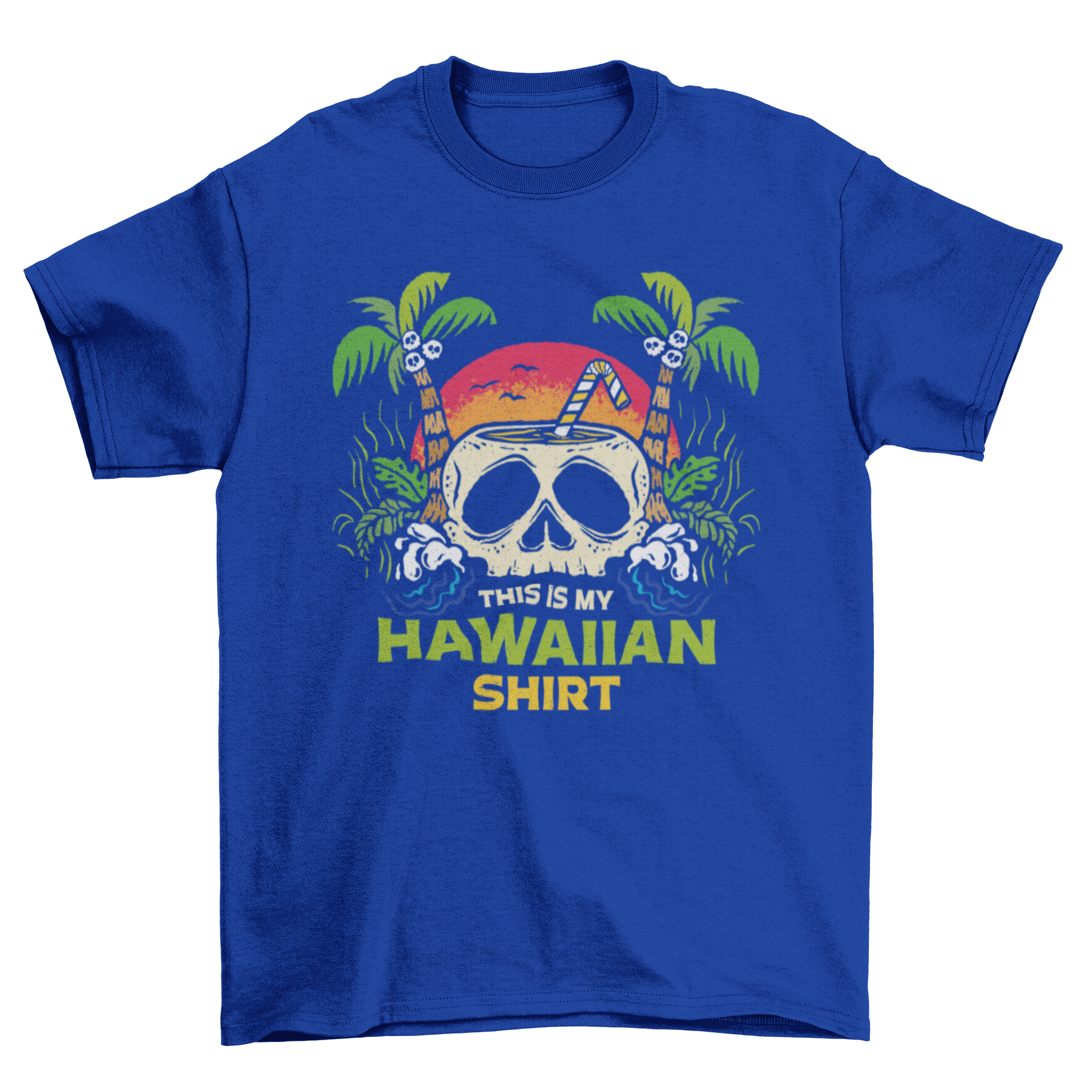 A vibrant Hawaiian t-shirt featuring a skull-shaped glass surrounded by palm trees and the quote 'This is my Hawaiian shirt'.