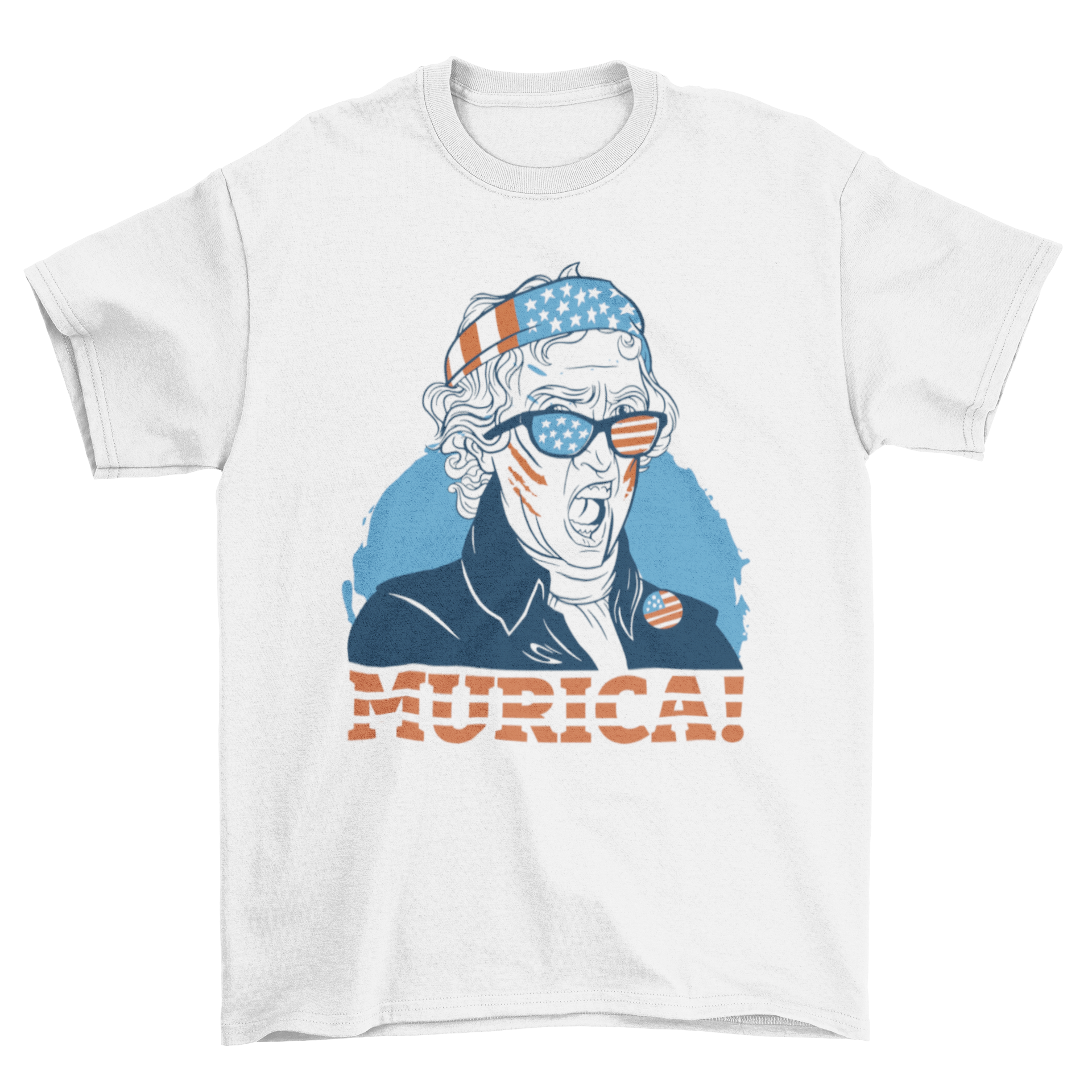 A stylish Thomas Jefferson t-shirt featuring a detailed drawing of Jefferson and the quote 'Murica!' in bold letters.