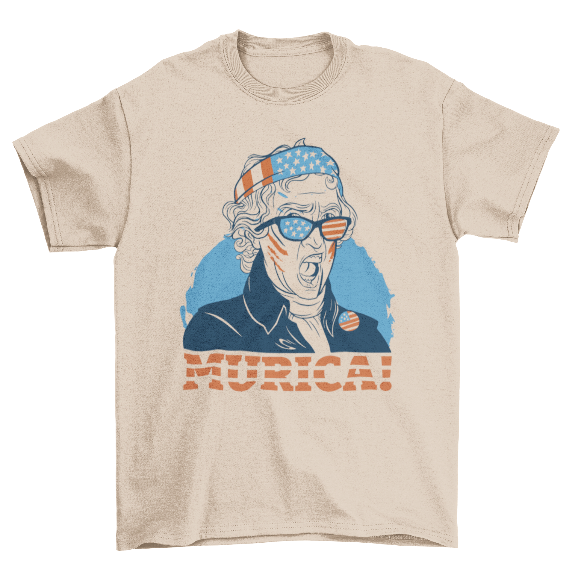 A stylish Thomas Jefferson t-shirt featuring a detailed drawing of Jefferson and the quote 'Murica!' in bold letters.