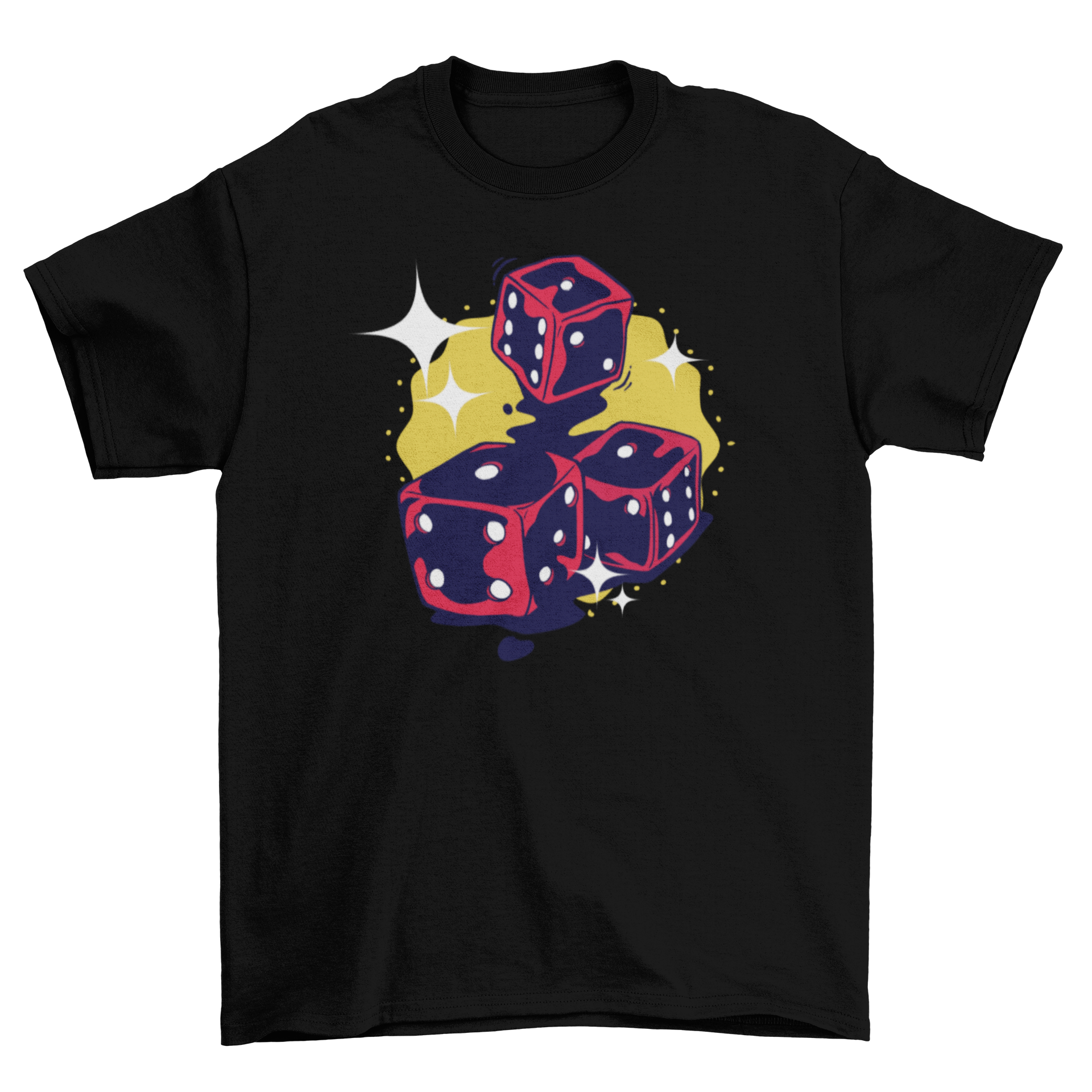 A stylish t-shirt featuring a vibrant illustration of three sparkling dices, perfect for gamers and casual wear.