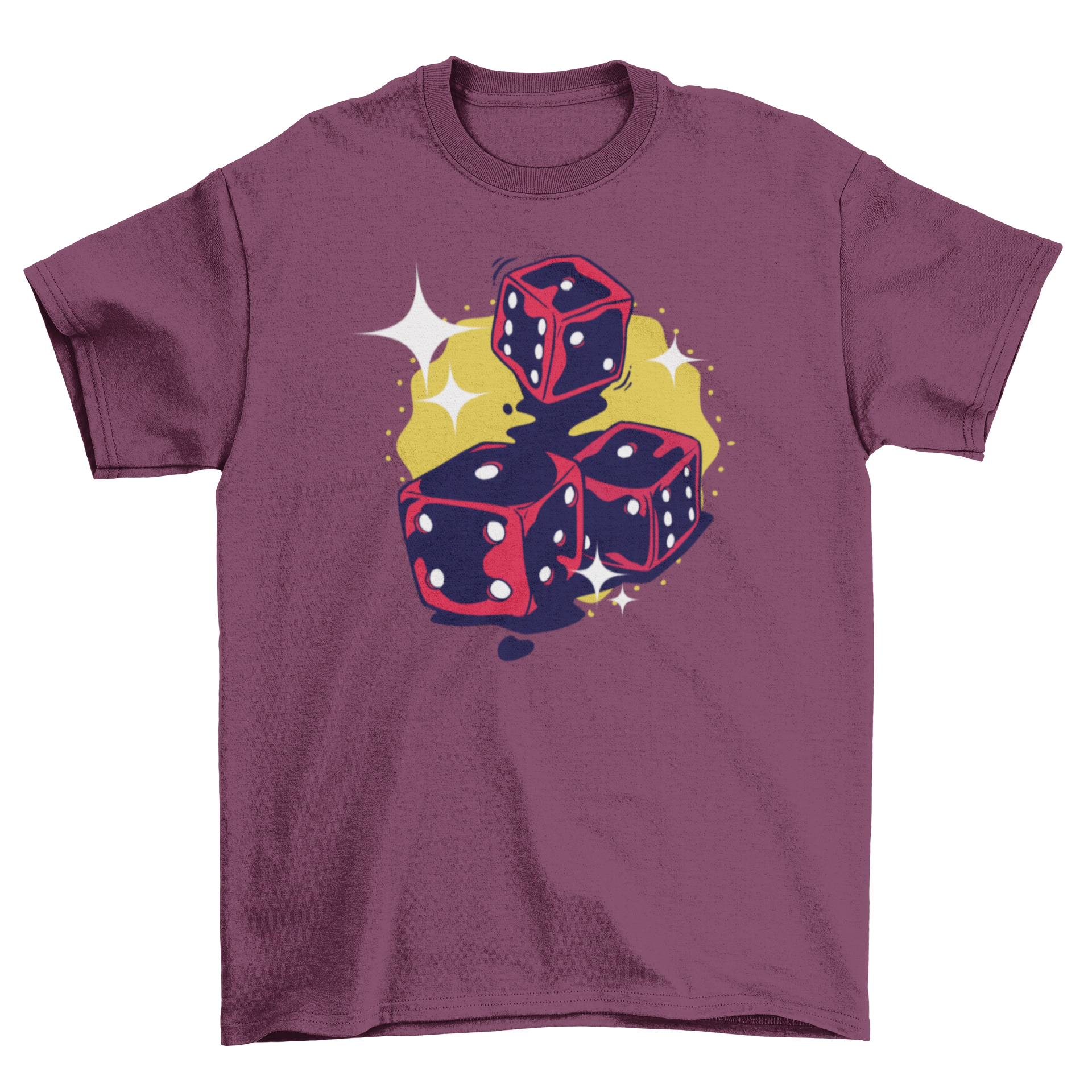 A stylish t-shirt featuring a vibrant illustration of three sparkling dices, perfect for gamers and casual wear.