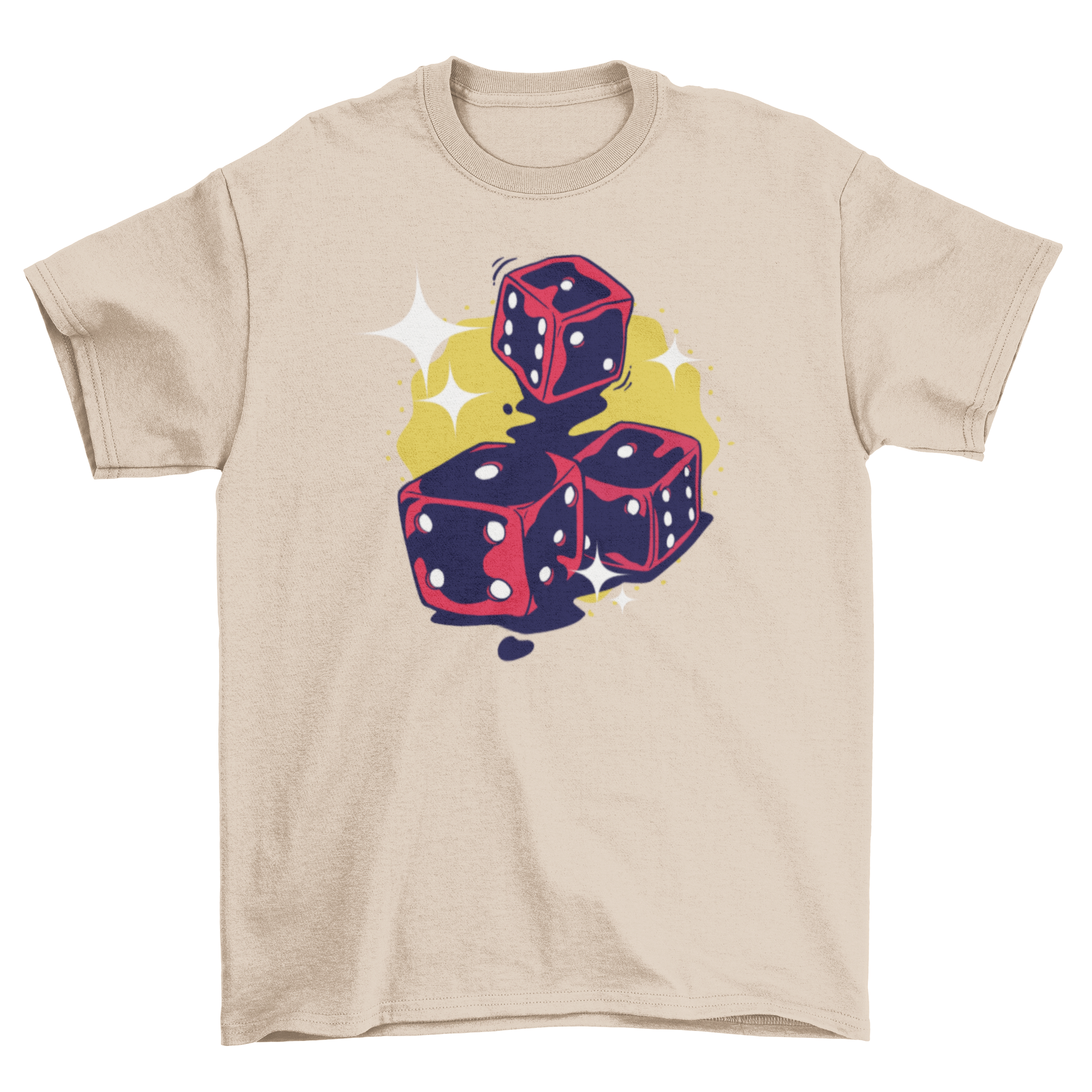 A stylish t-shirt featuring a vibrant illustration of three sparkling dices, perfect for gamers and casual wear.