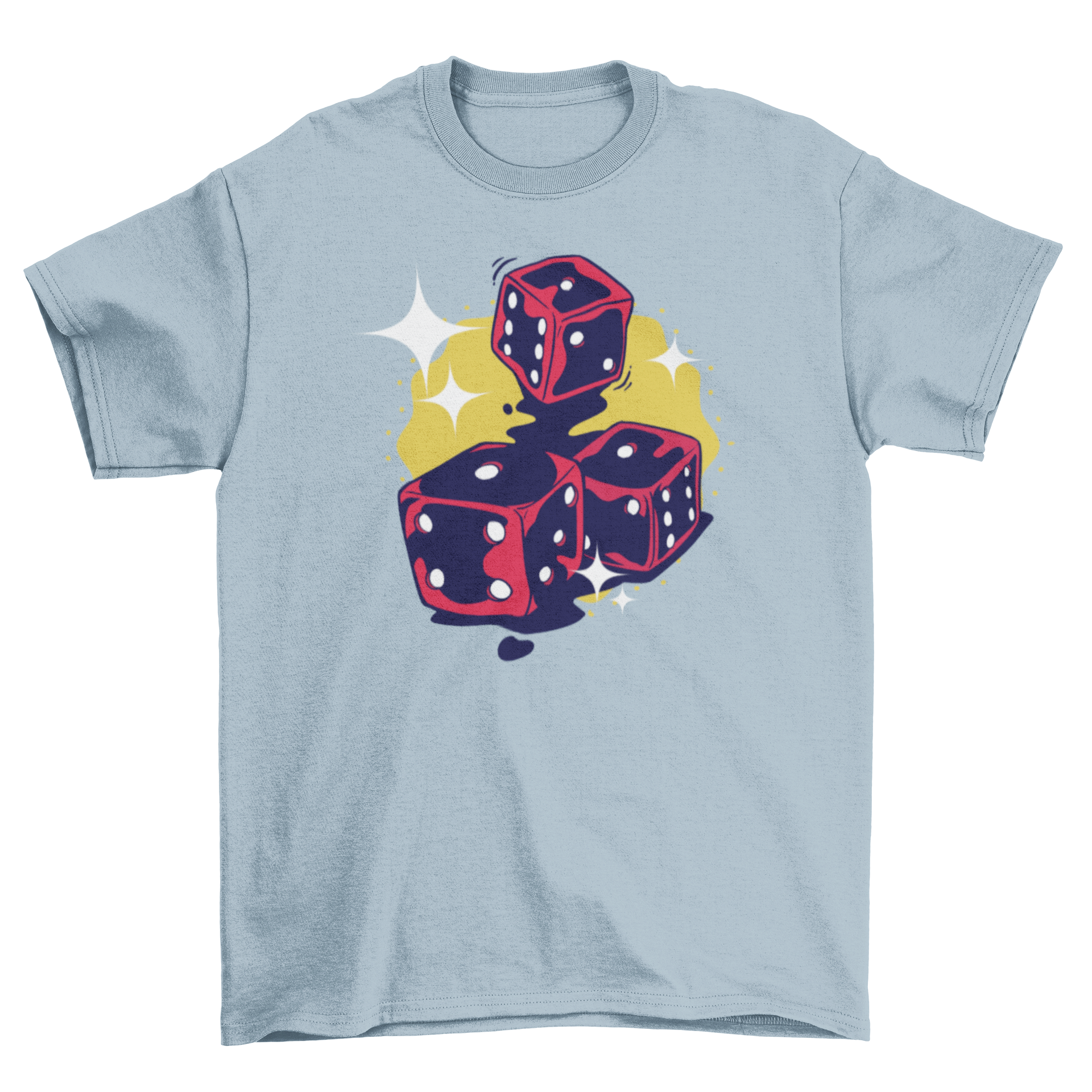 A stylish t-shirt featuring a vibrant illustration of three sparkling dices, perfect for gamers and casual wear.