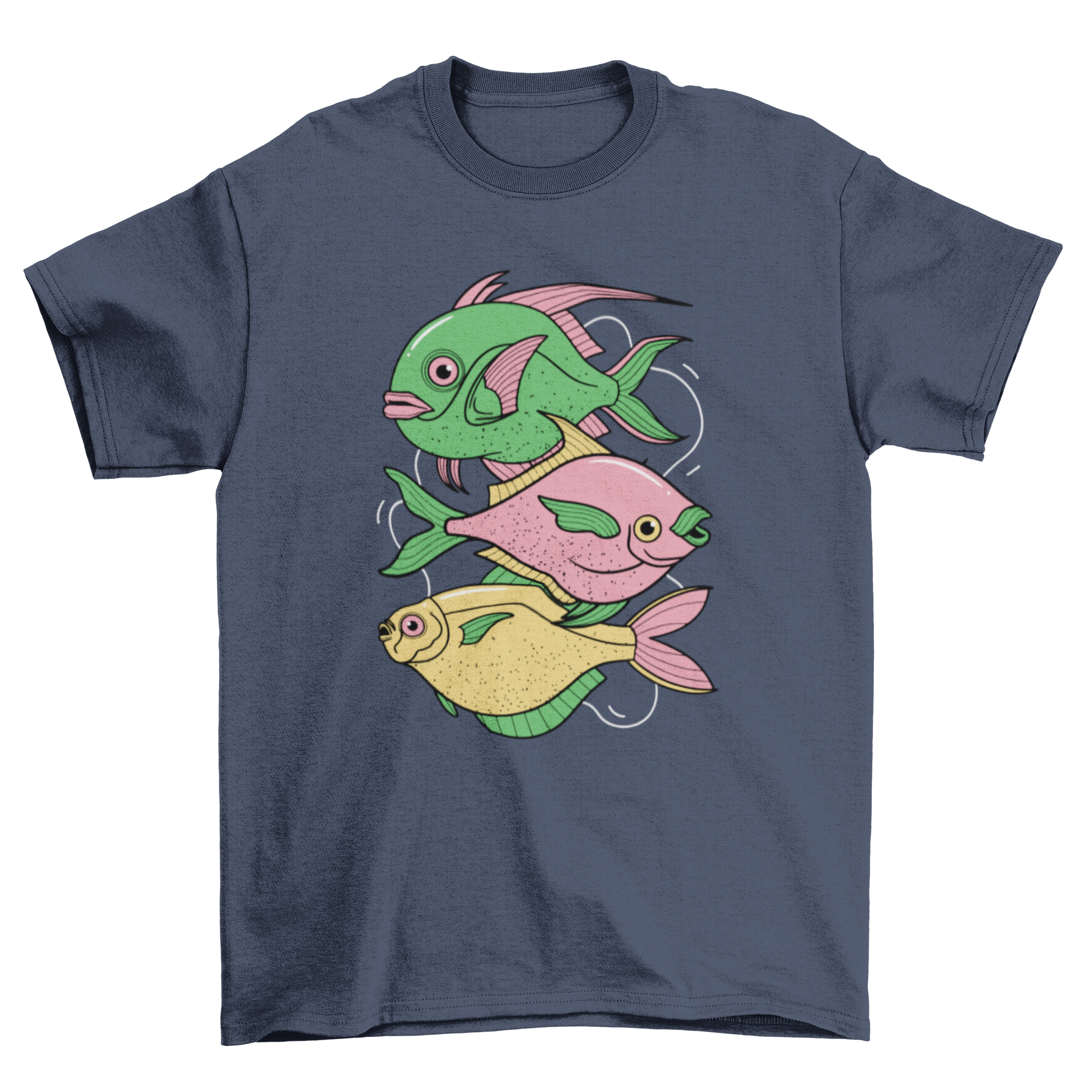 A stylish t-shirt featuring a vibrant illustration of three fishes, showcasing intricate details and colors.