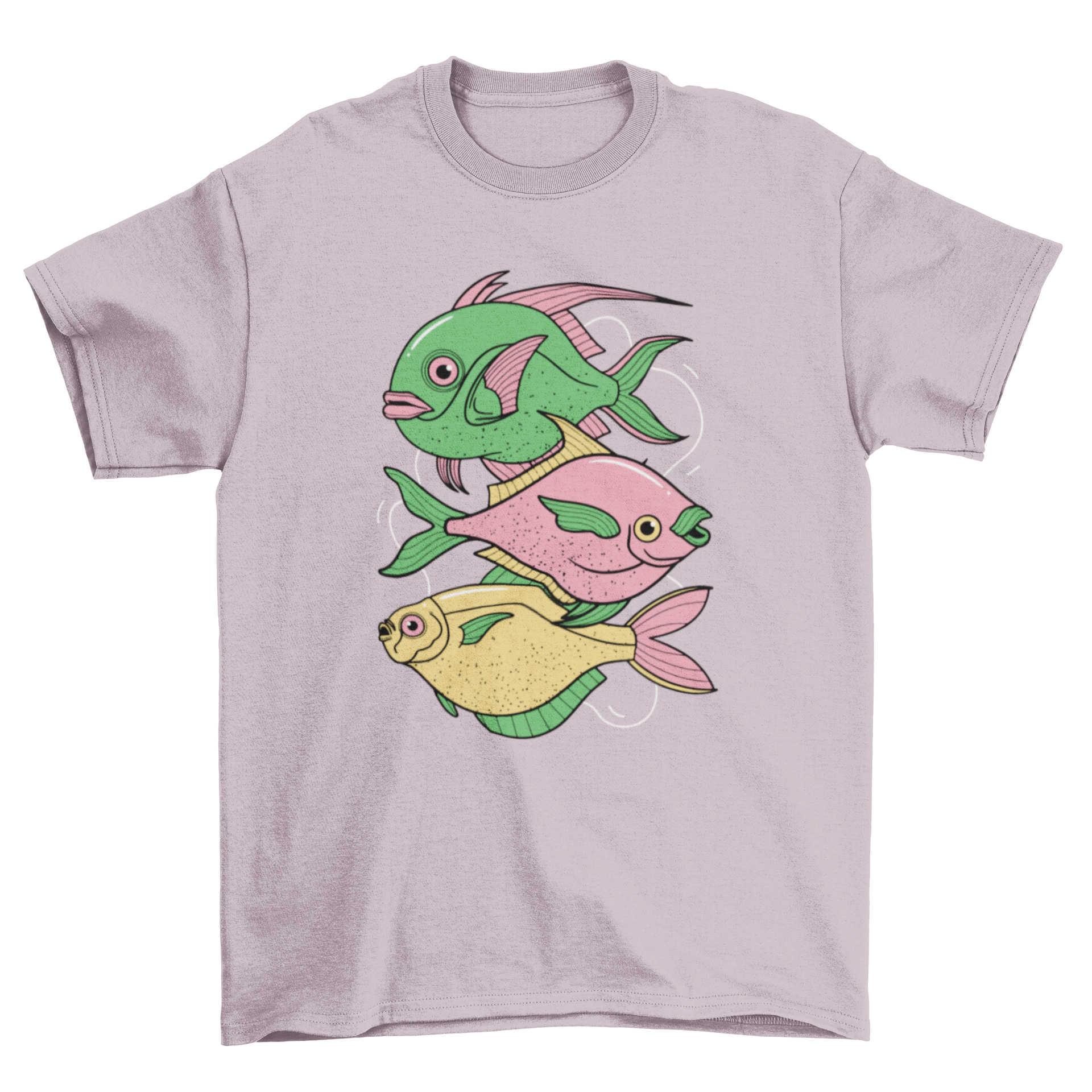 A stylish t-shirt featuring a vibrant illustration of three fishes, showcasing intricate details and colors.