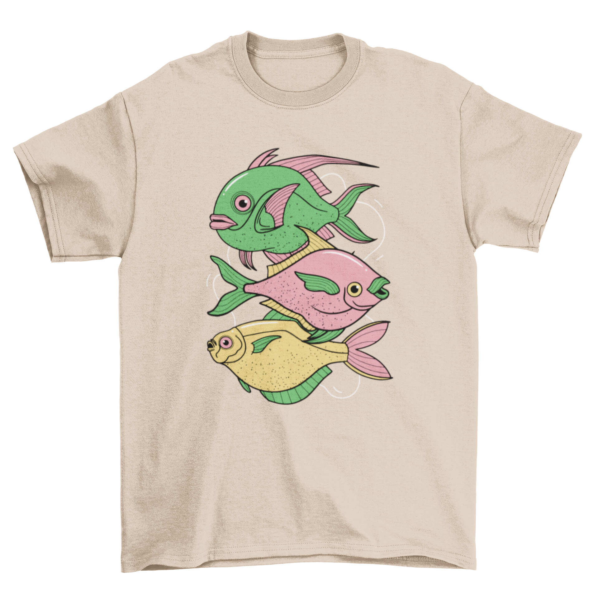 A stylish t-shirt featuring a vibrant illustration of three fishes, showcasing intricate details and colors.