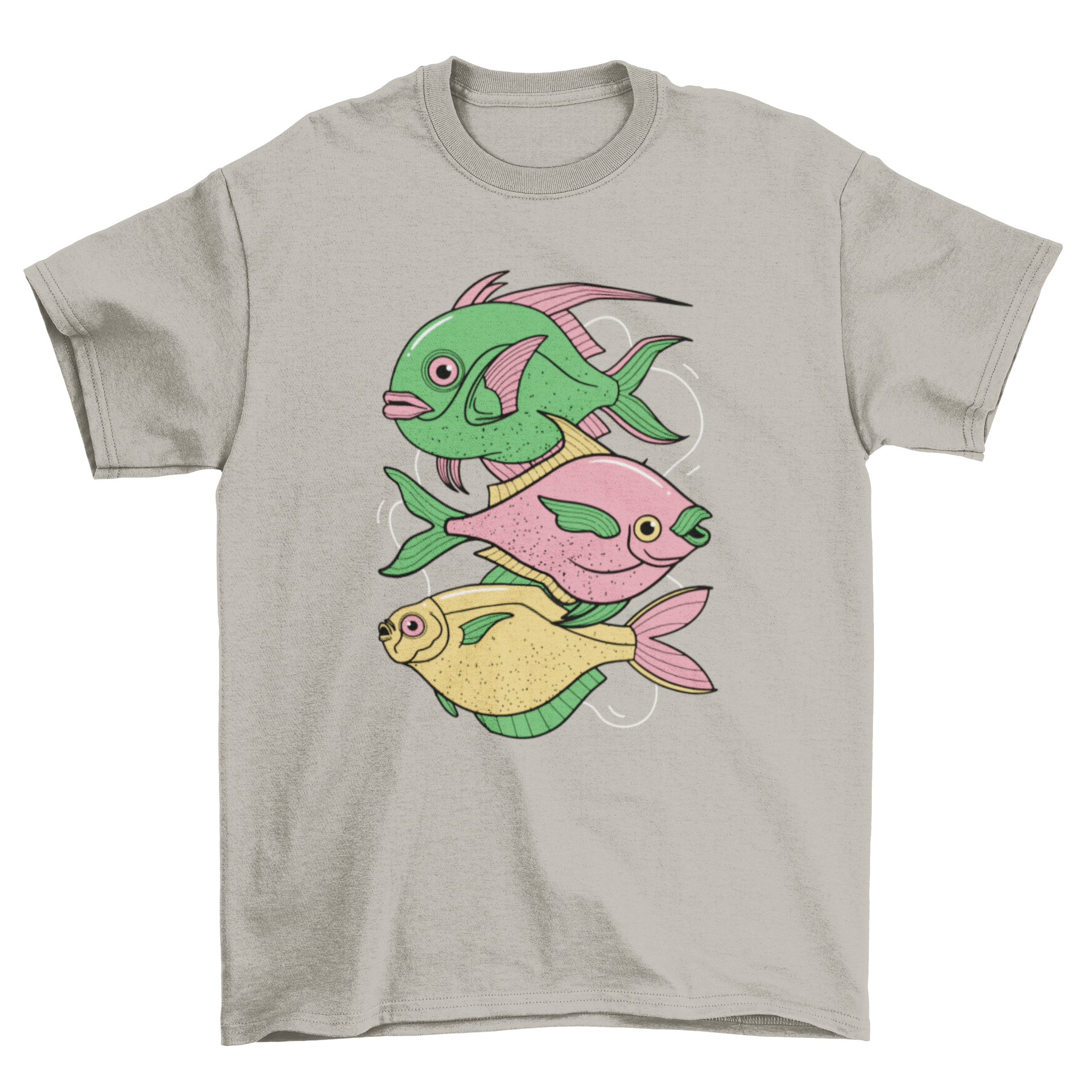 A stylish t-shirt featuring a vibrant illustration of three fishes, showcasing intricate details and colors.