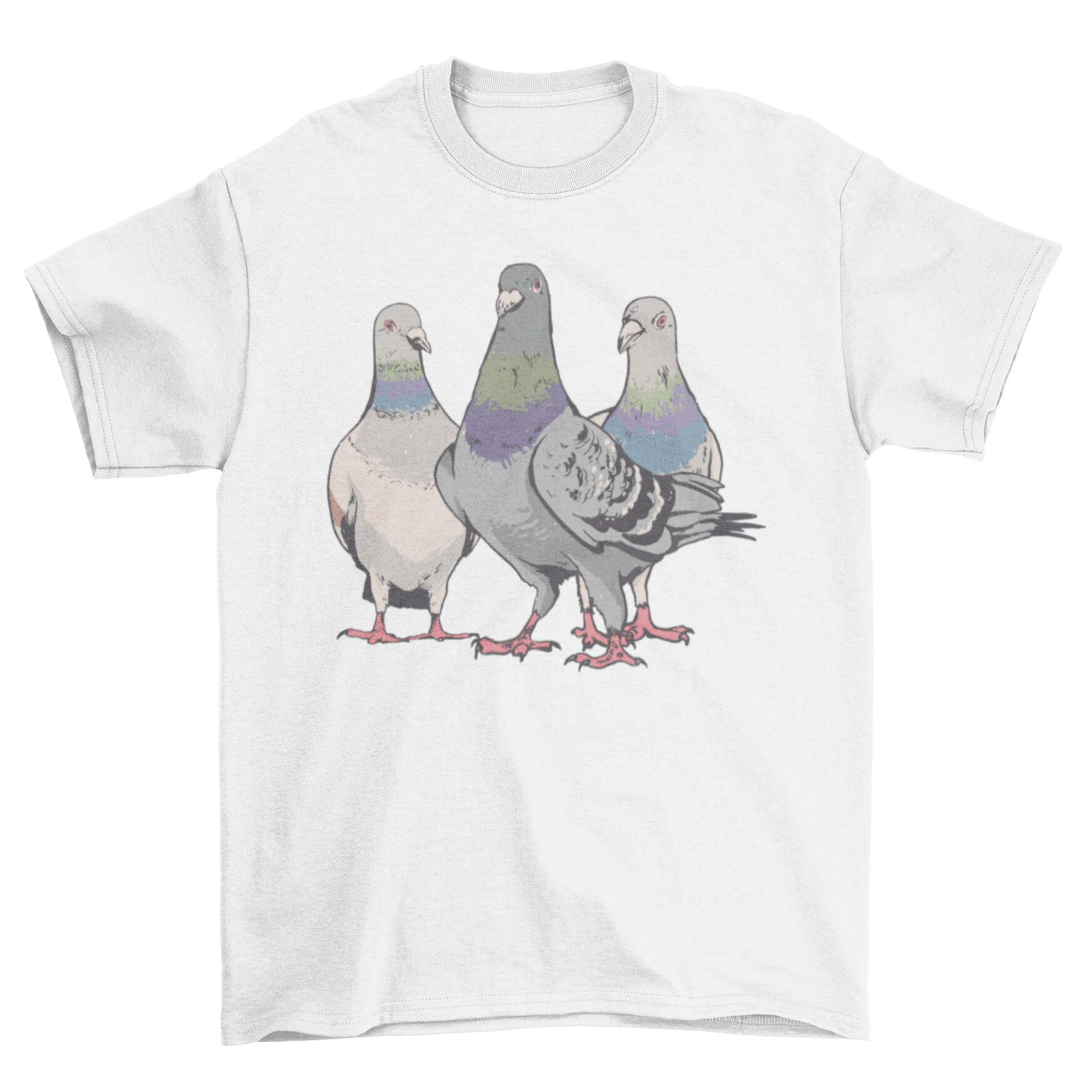 A stylish t-shirt featuring a unique design of three pigeons, perfect for casual wear and merchandise.