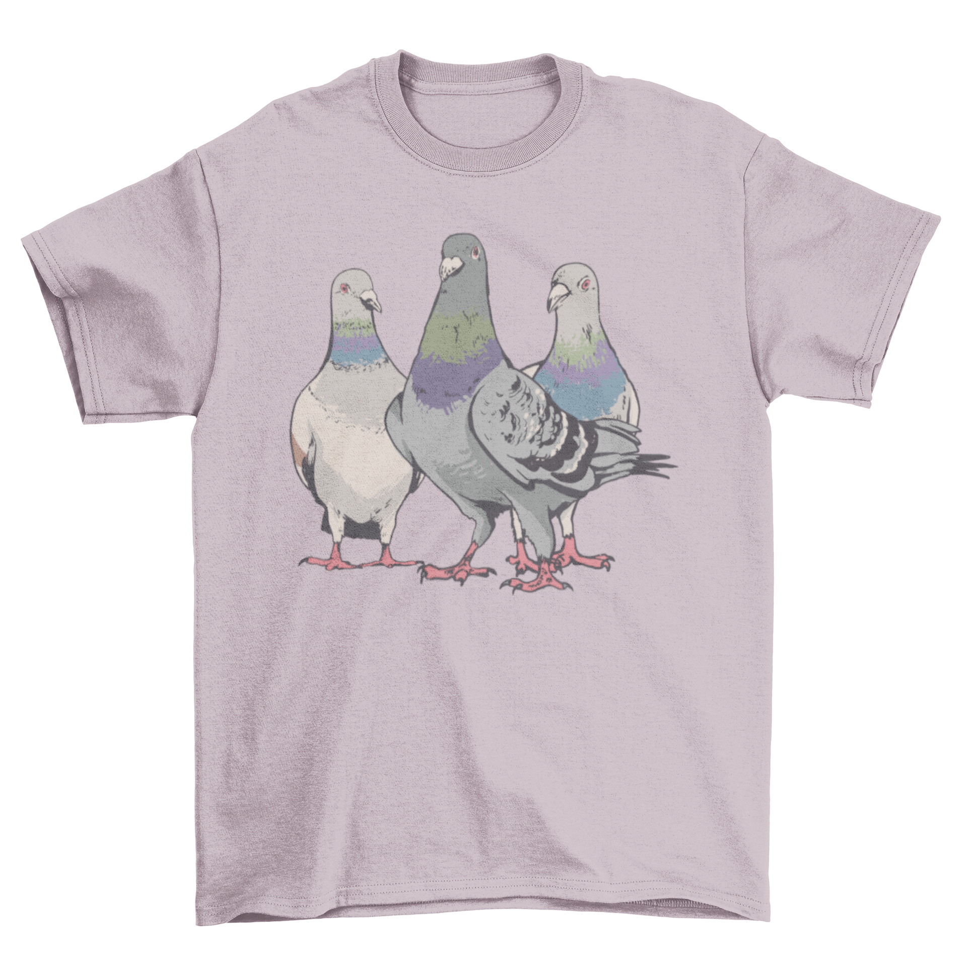 A stylish t-shirt featuring a unique design of three pigeons, perfect for casual wear and merchandise.