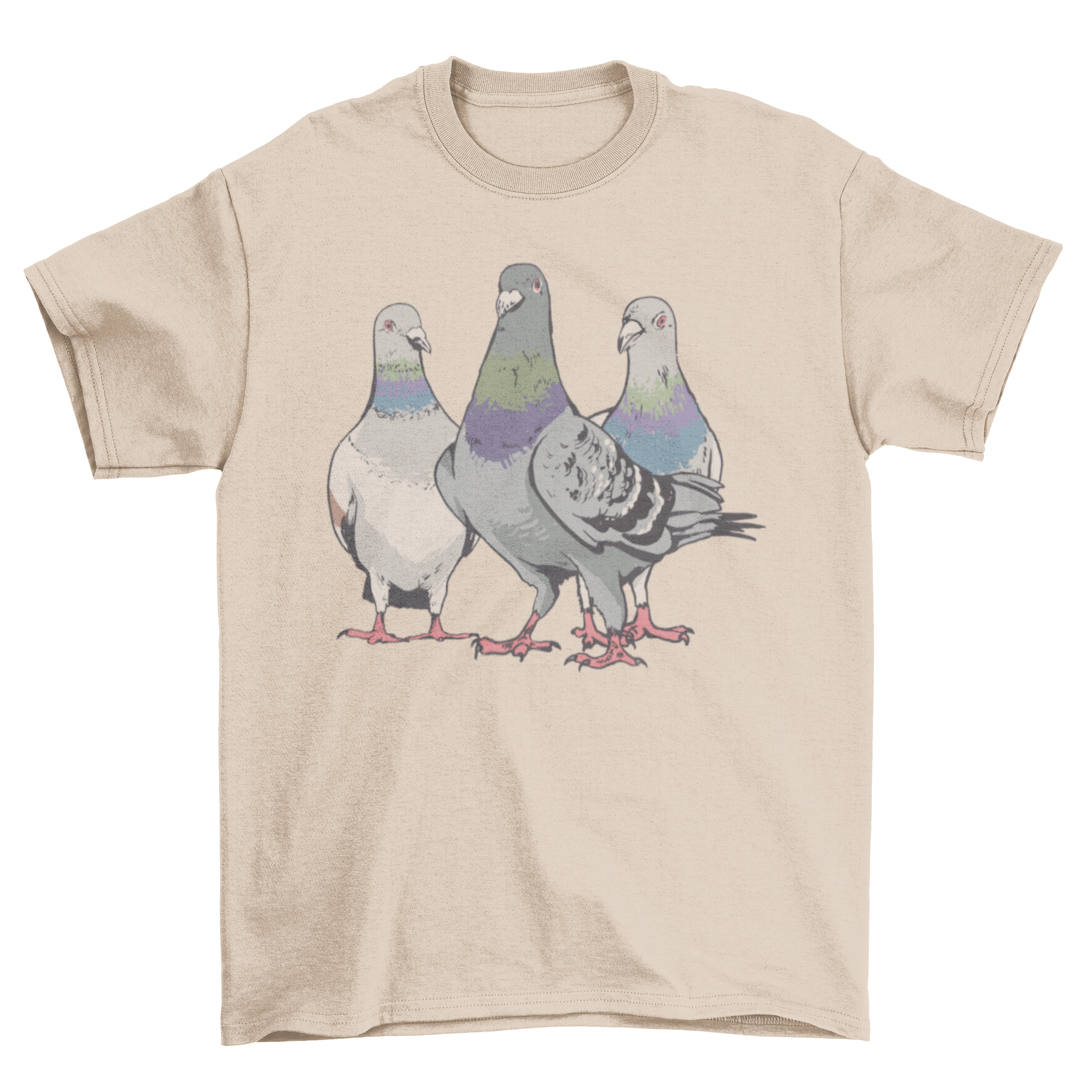 A stylish t-shirt featuring a unique design of three pigeons, perfect for casual wear and merchandise.