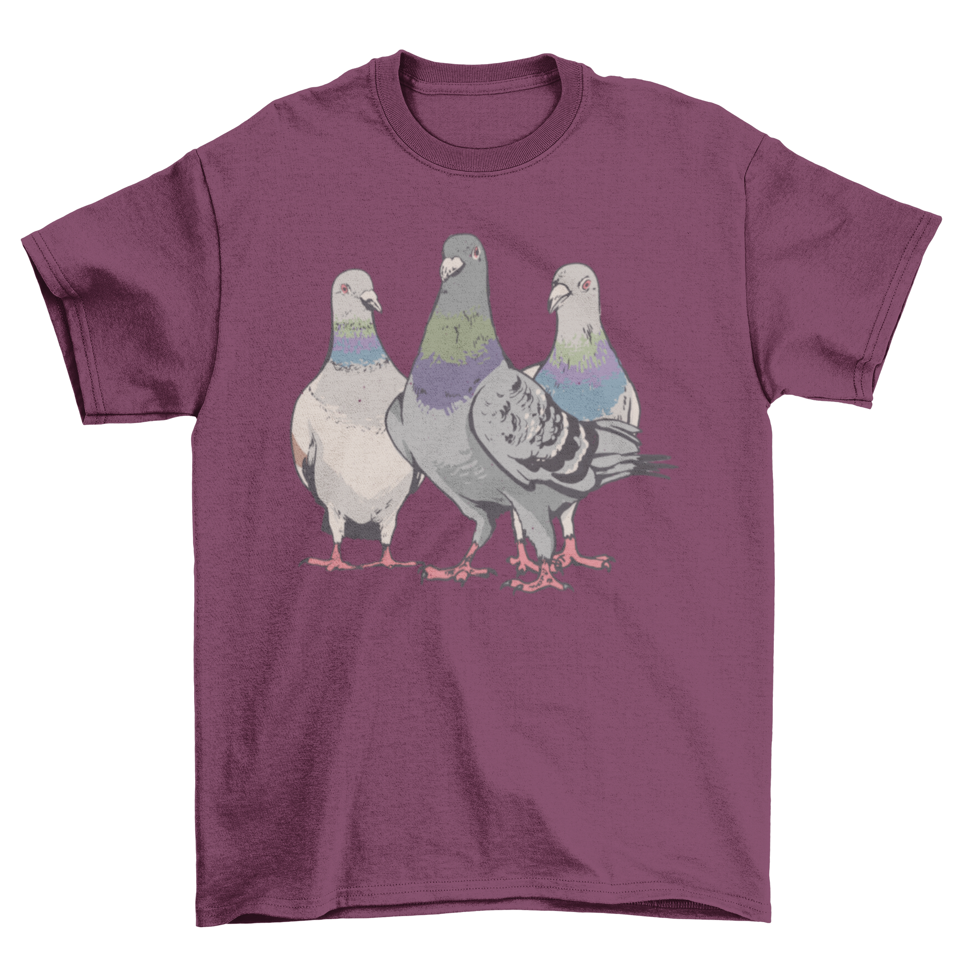 A stylish t-shirt featuring a unique design of three pigeons, perfect for casual wear and merchandise.