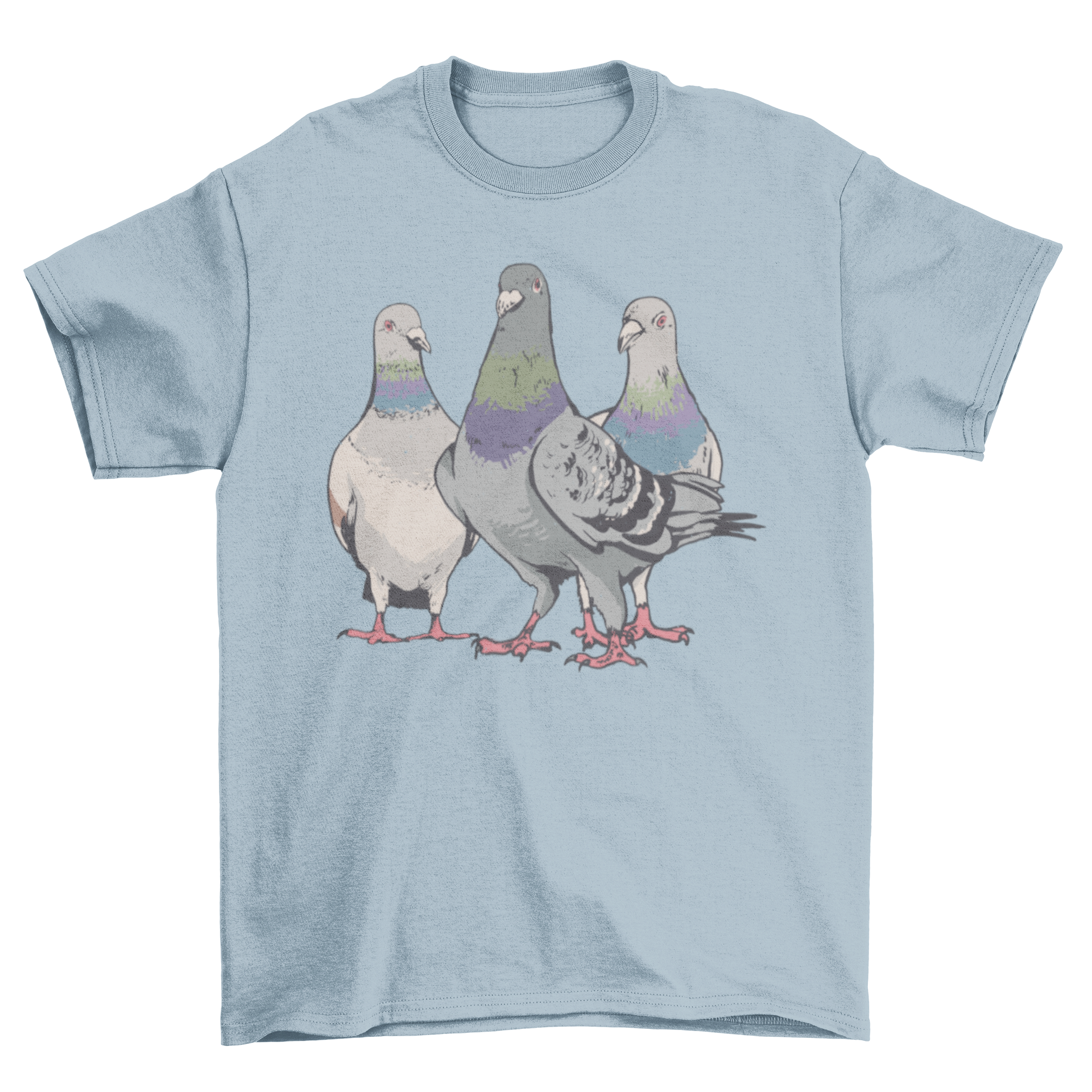 A stylish t-shirt featuring a unique design of three pigeons, perfect for casual wear and merchandise.