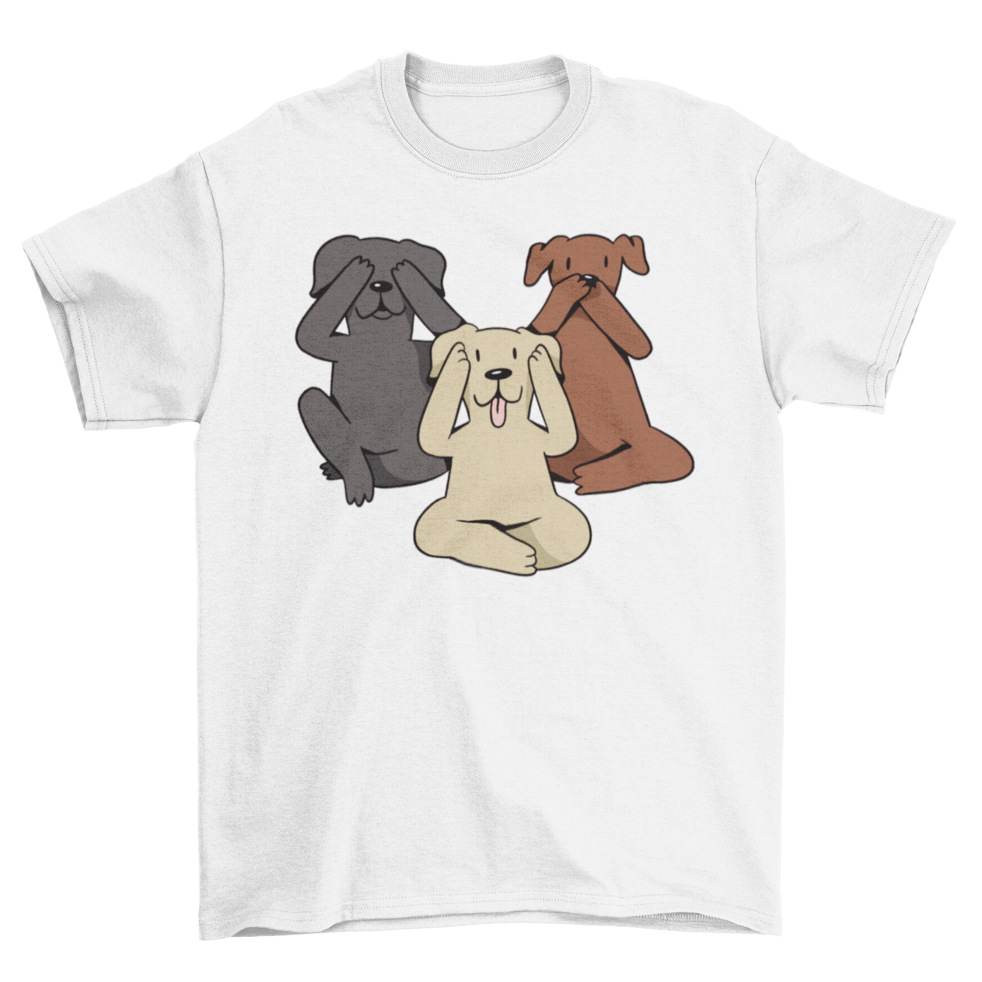 A cute t-shirt featuring an illustration of three dogs covering their eyes, ears, and mouth, symbolizing the three wise monkeys.