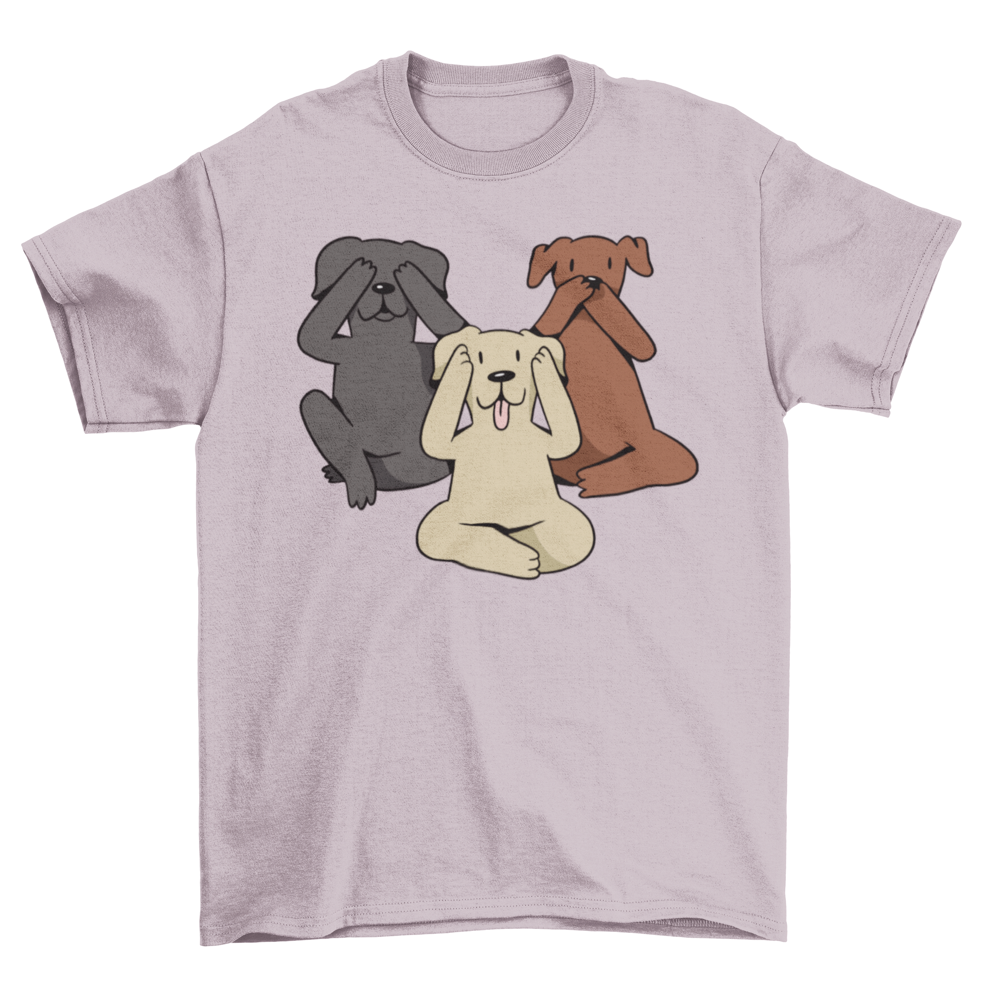 A cute t-shirt featuring an illustration of three dogs covering their eyes, ears, and mouth, symbolizing the three wise monkeys.