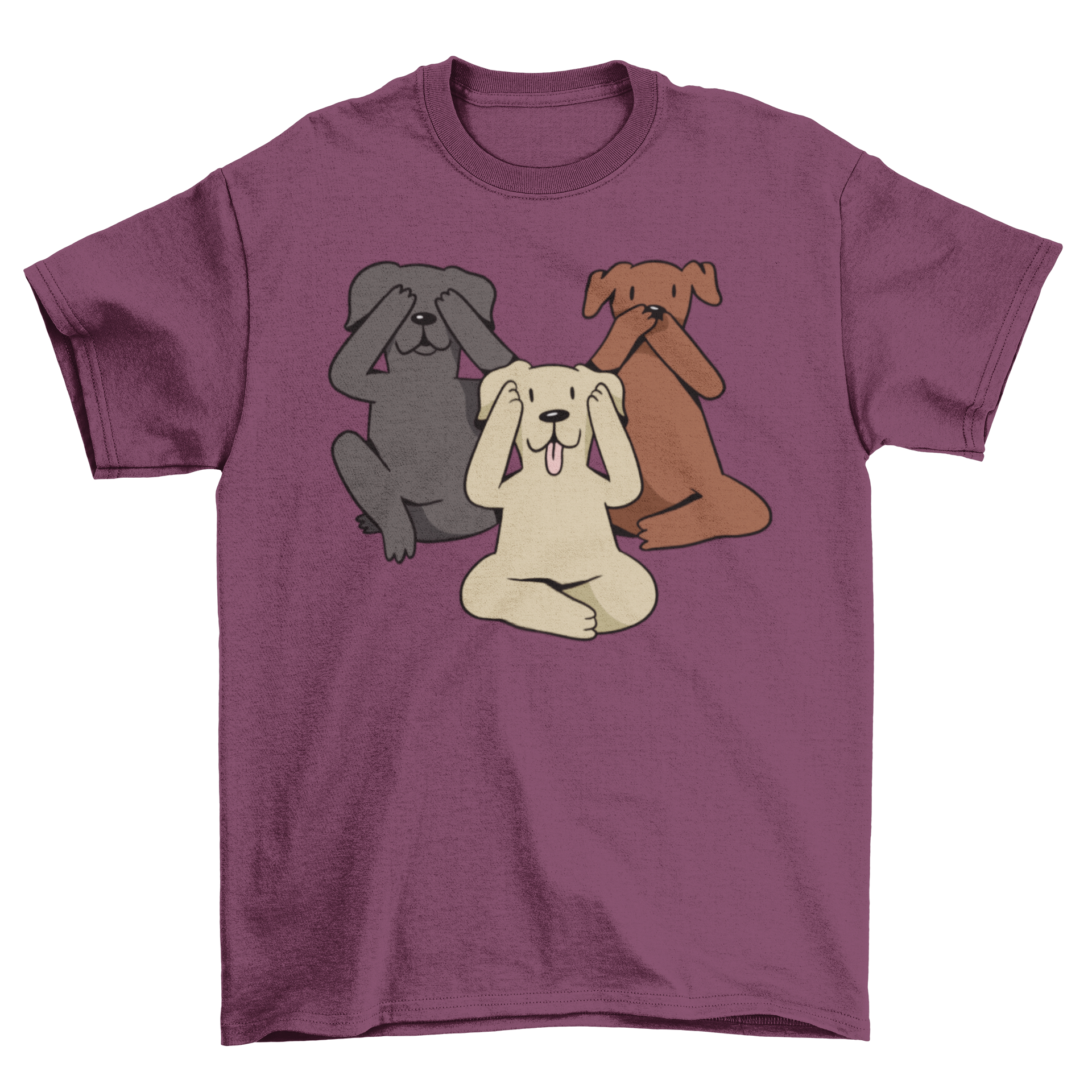 A cute t-shirt featuring an illustration of three dogs covering their eyes, ears, and mouth, symbolizing the three wise monkeys.