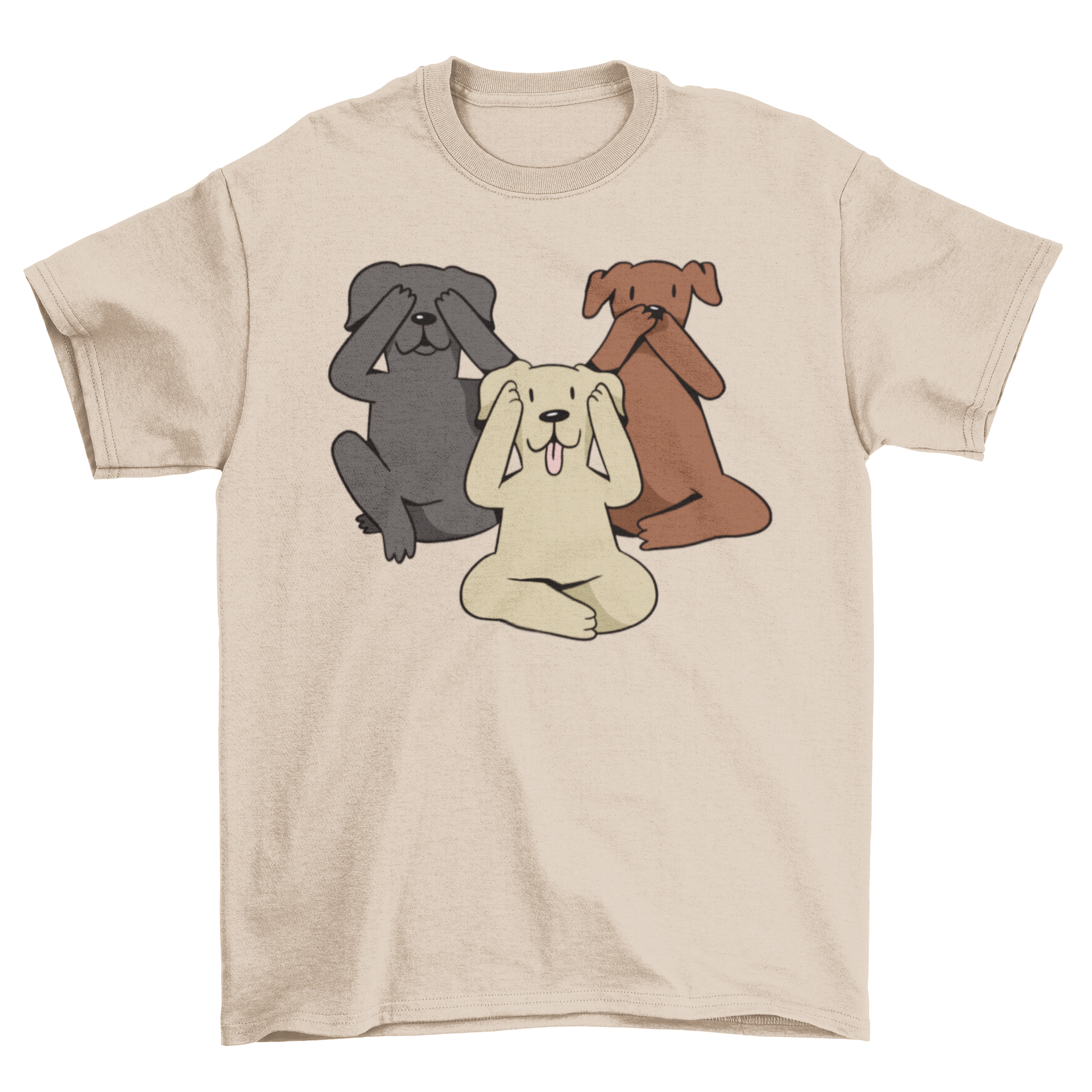 A cute t-shirt featuring an illustration of three dogs covering their eyes, ears, and mouth, symbolizing the three wise monkeys.