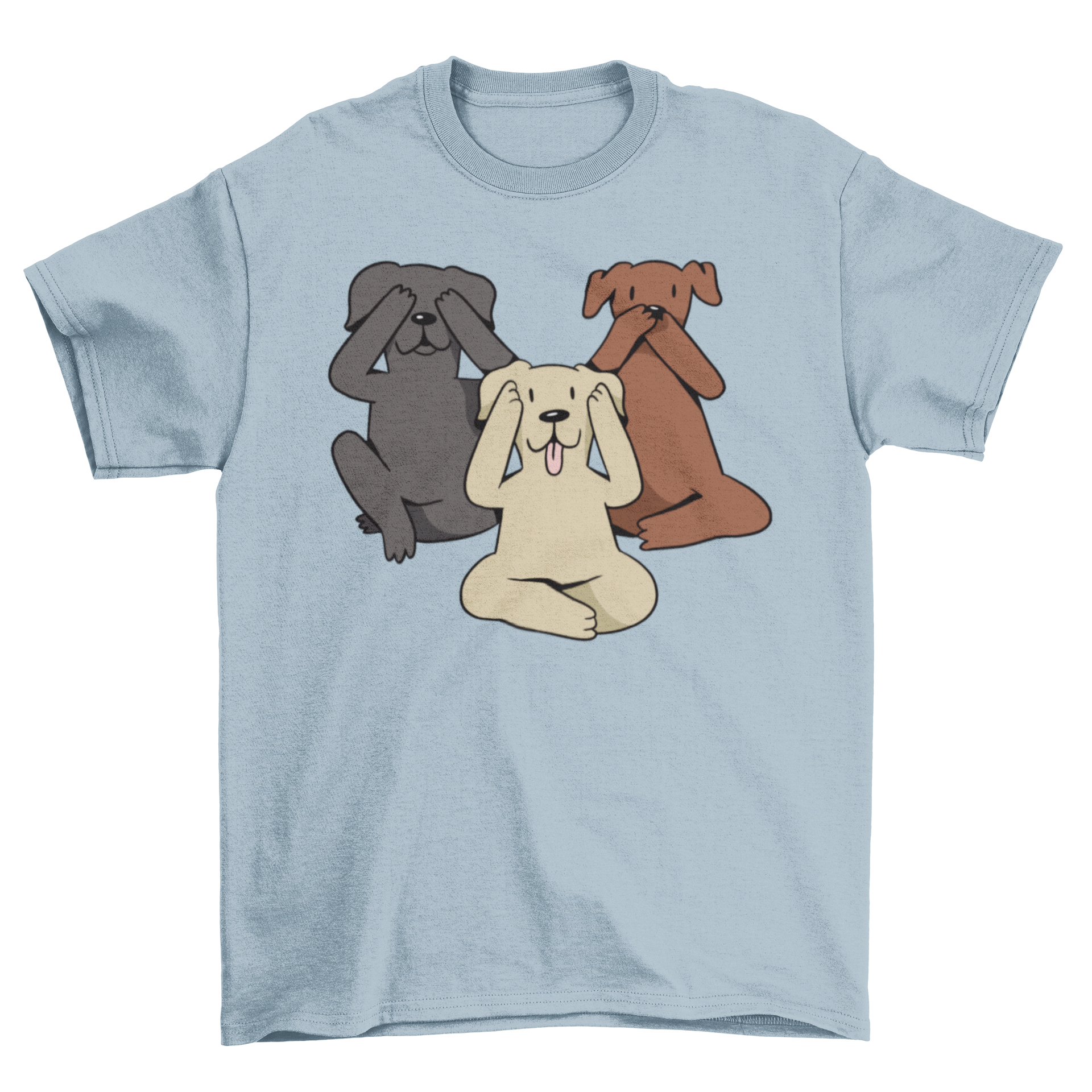 A cute t-shirt featuring an illustration of three dogs covering their eyes, ears, and mouth, symbolizing the three wise monkeys.