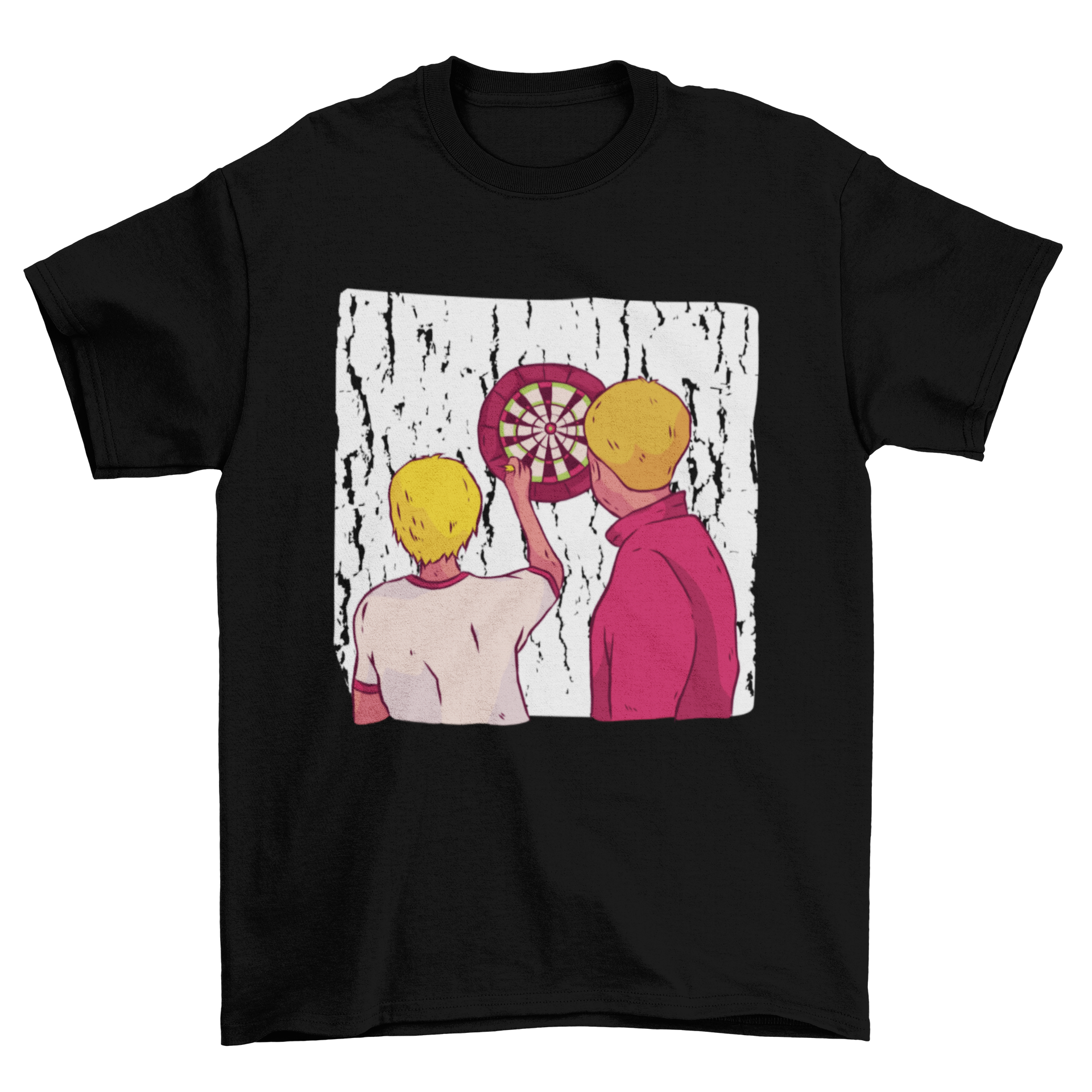 Graphic T-shirt featuring two men throwing darts at a dartboard, showcasing vibrant colors and dynamic action.