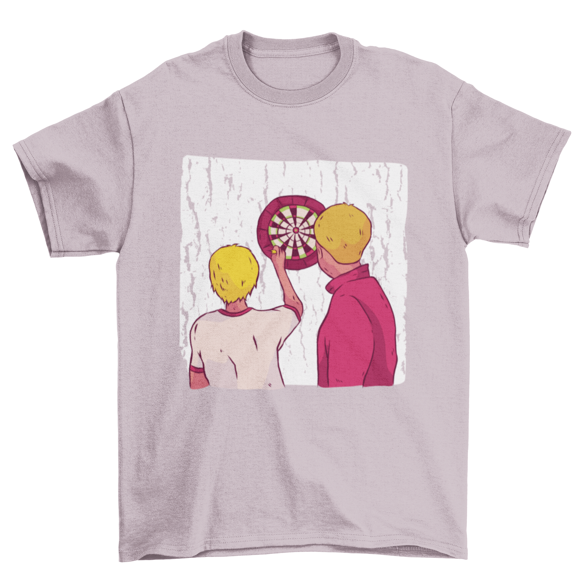 Graphic T-shirt featuring two men throwing darts at a dartboard, showcasing vibrant colors and dynamic action.