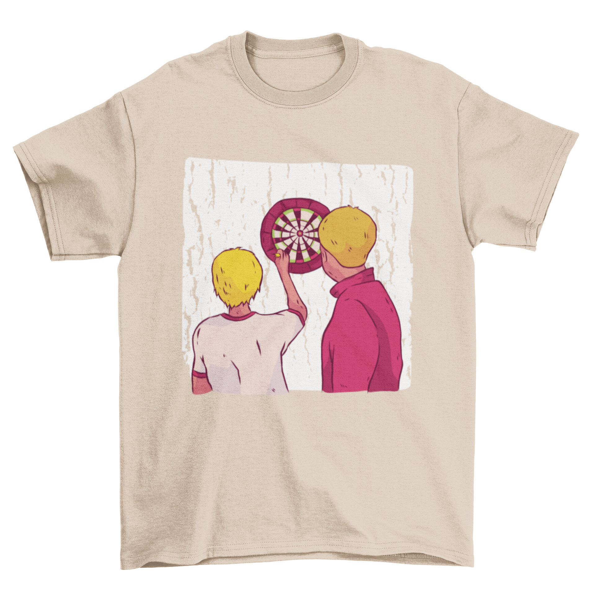 Graphic T-shirt featuring two men throwing darts at a dartboard, showcasing vibrant colors and dynamic action.