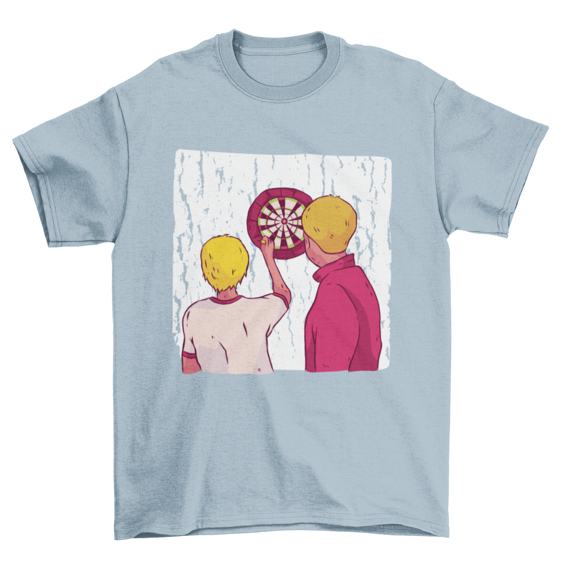 Graphic T-shirt featuring two men throwing darts at a dartboard, showcasing vibrant colors and dynamic action.