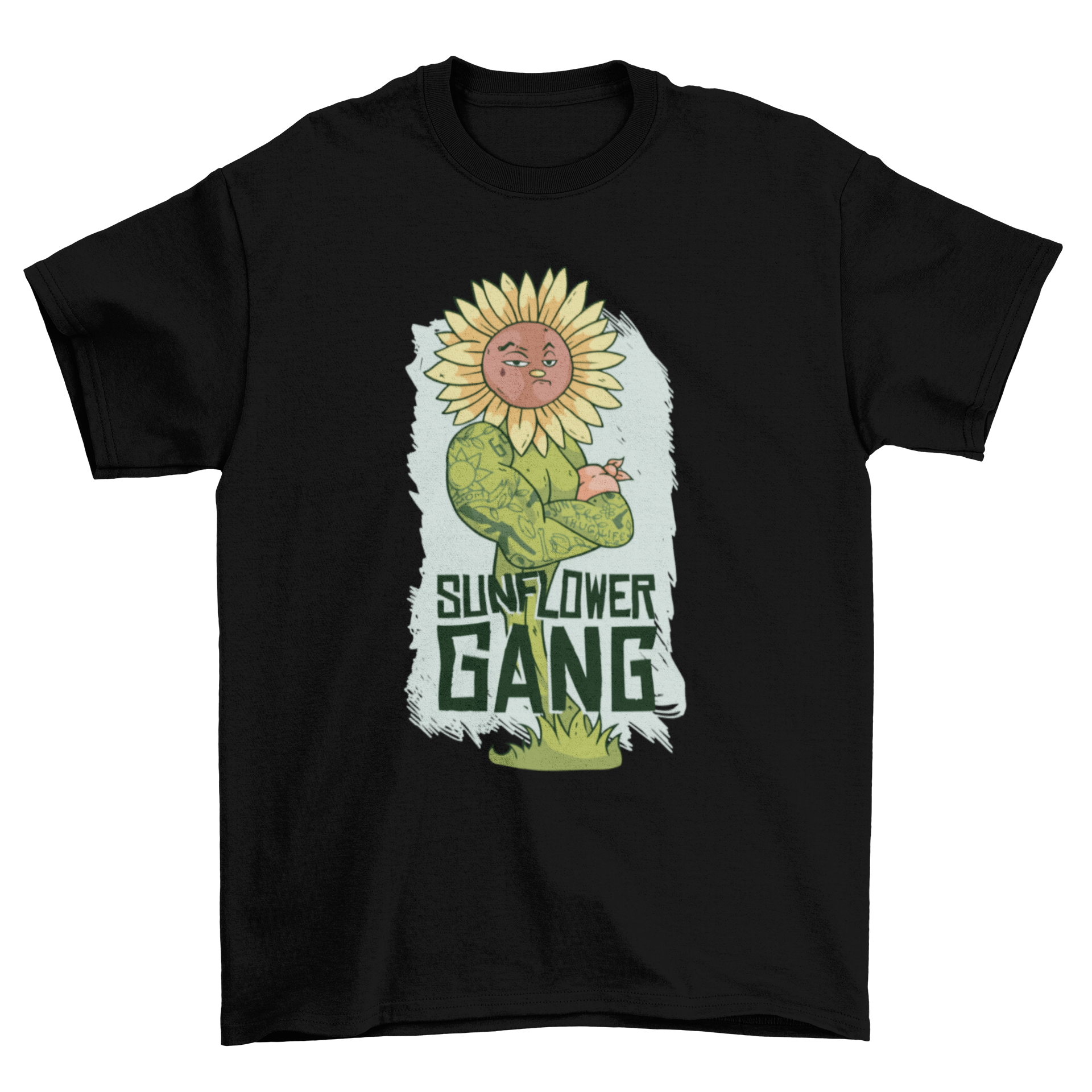 Thug Sunflower Lettering T-shirt featuring a muscular tattooed sunflower thug character and bold lettering.