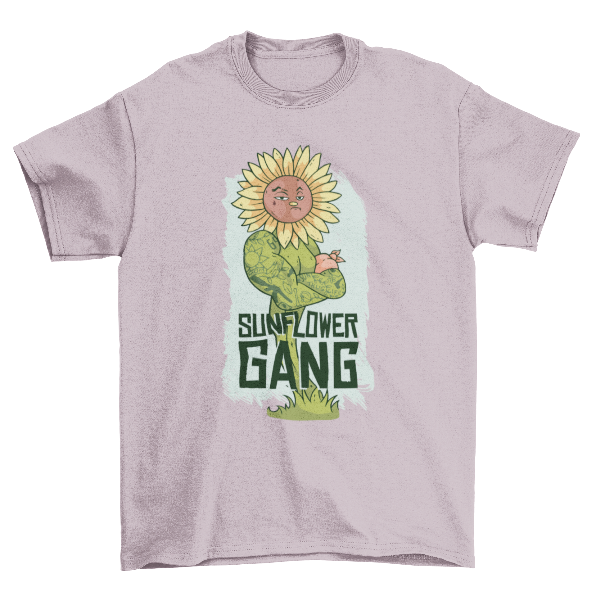 Thug Sunflower Lettering T-shirt featuring a muscular tattooed sunflower thug character and bold lettering.