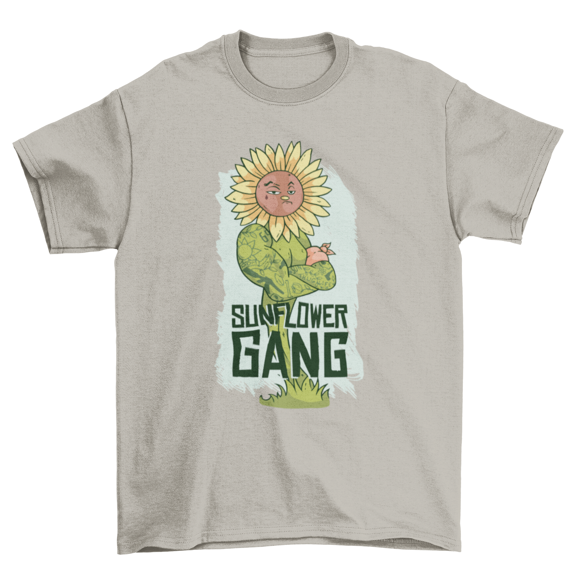 Thug Sunflower Lettering T-shirt featuring a muscular tattooed sunflower thug character and bold lettering.