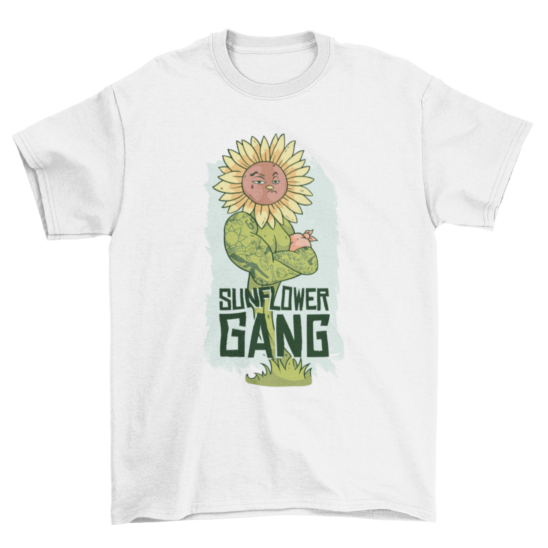 Thug Sunflower Lettering T-shirt featuring a muscular tattooed sunflower thug character and bold lettering.