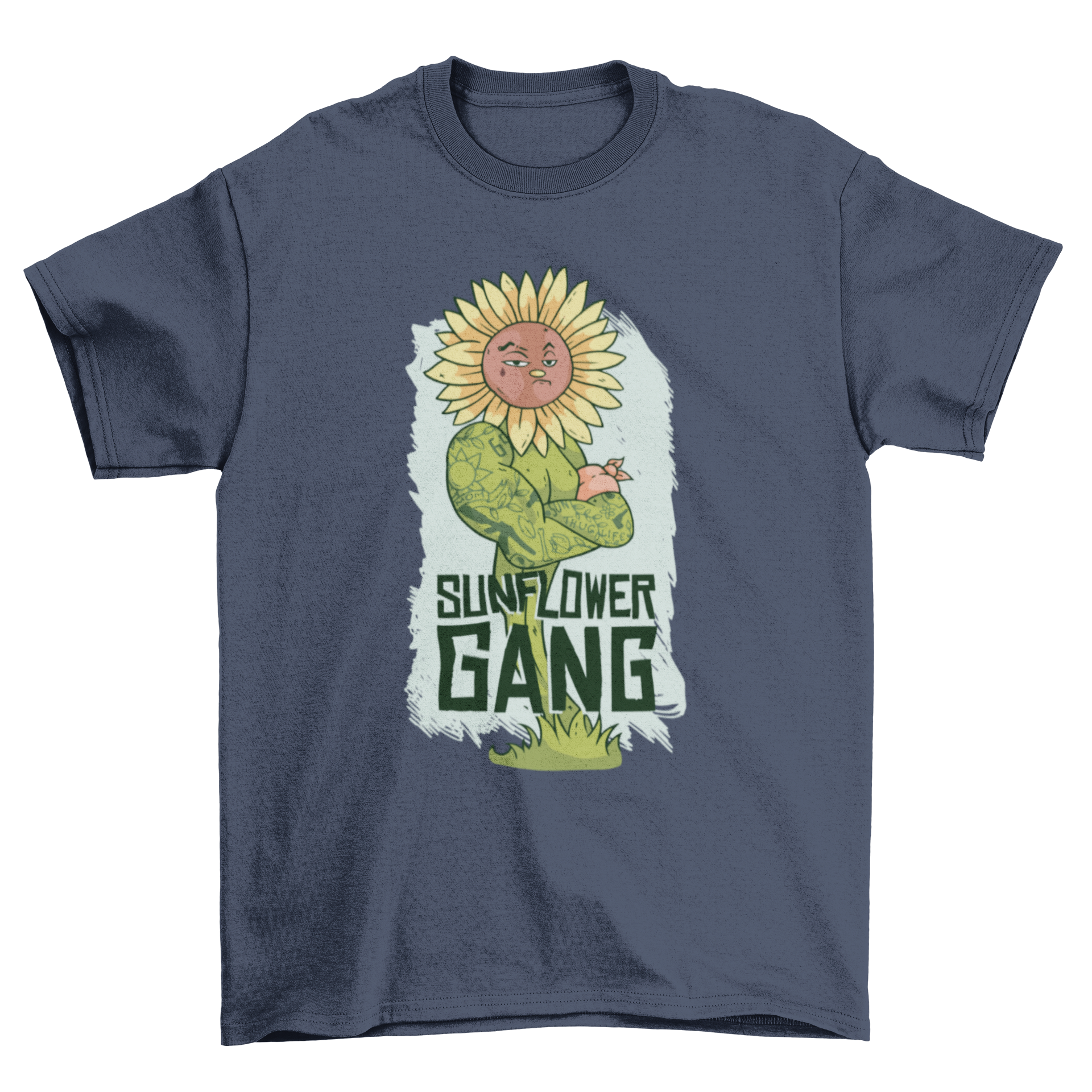 Thug Sunflower Lettering T-shirt featuring a muscular tattooed sunflower thug character and bold lettering.