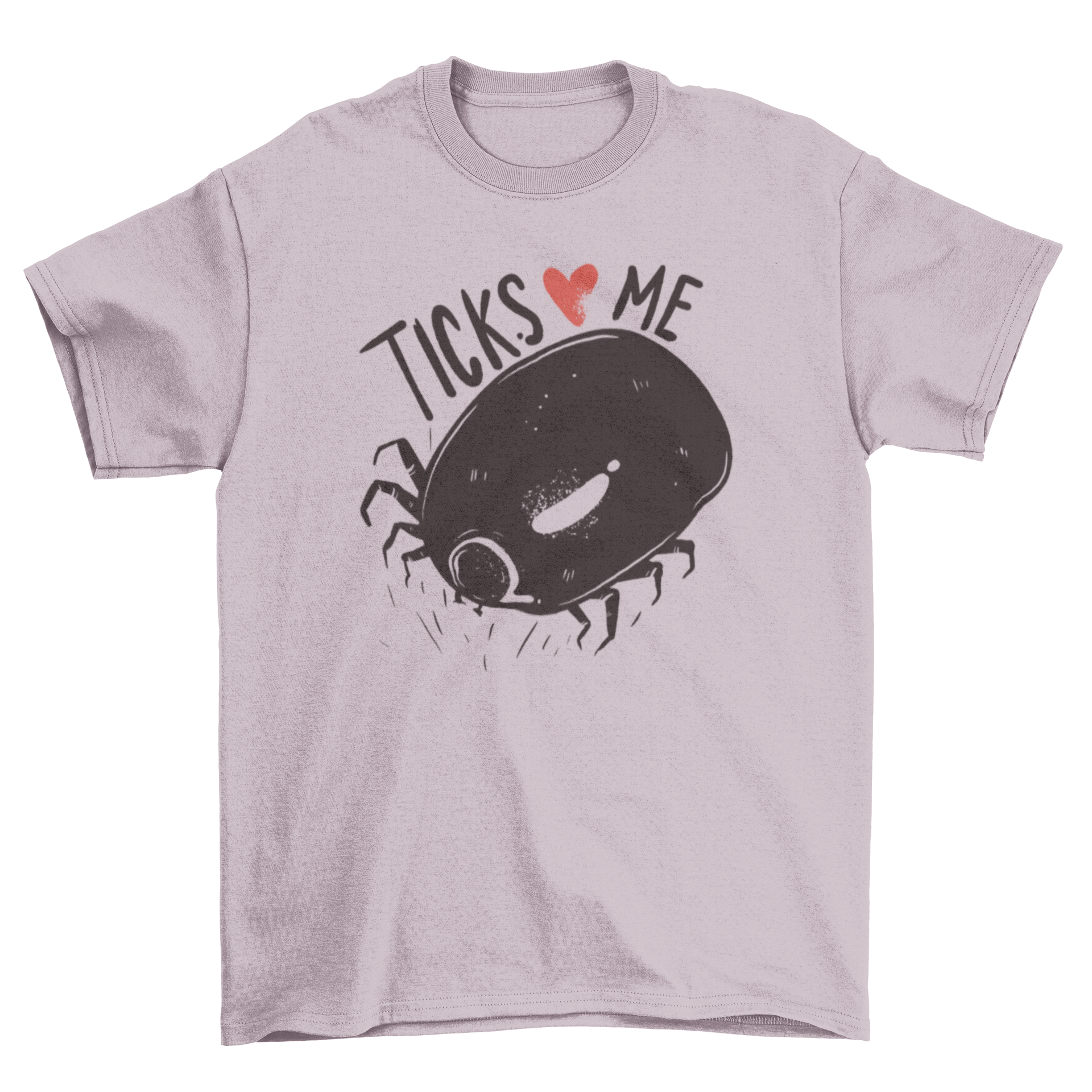 A playful t-shirt featuring a tick graphic and the caption 'Ticks Love Me', showcasing a fun and quirky design.