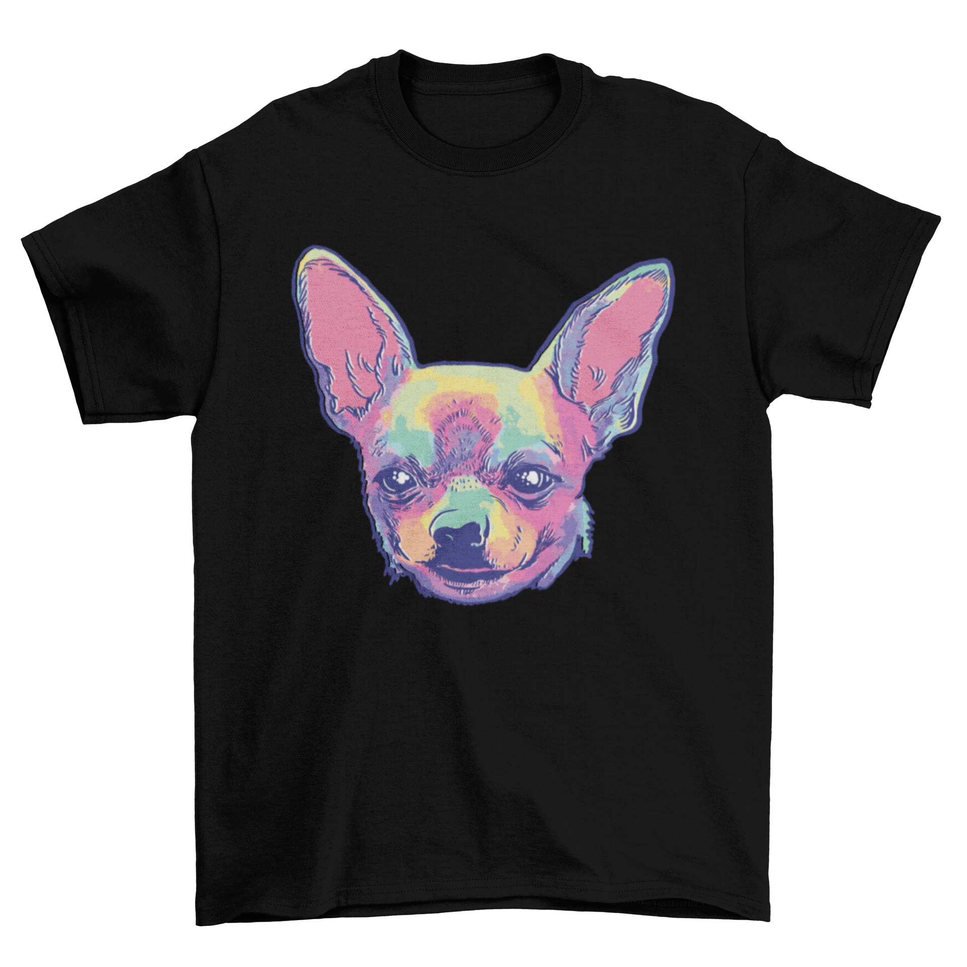 A vibrant tie dye t-shirt featuring a chihuahua face design, showcasing colorful patterns.