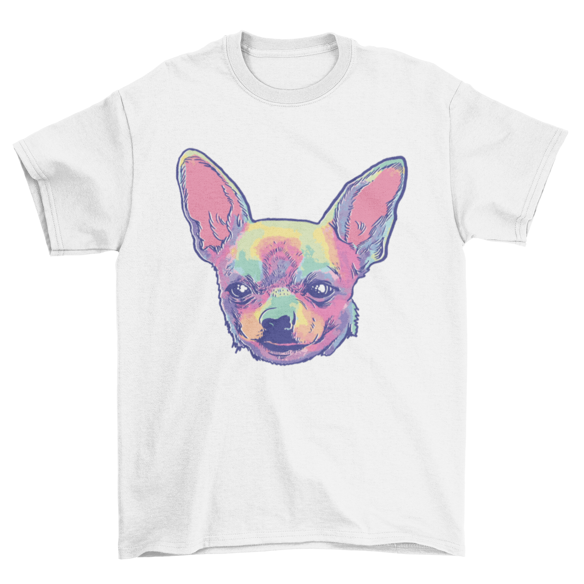 A vibrant tie dye t-shirt featuring a chihuahua face design, showcasing colorful patterns.