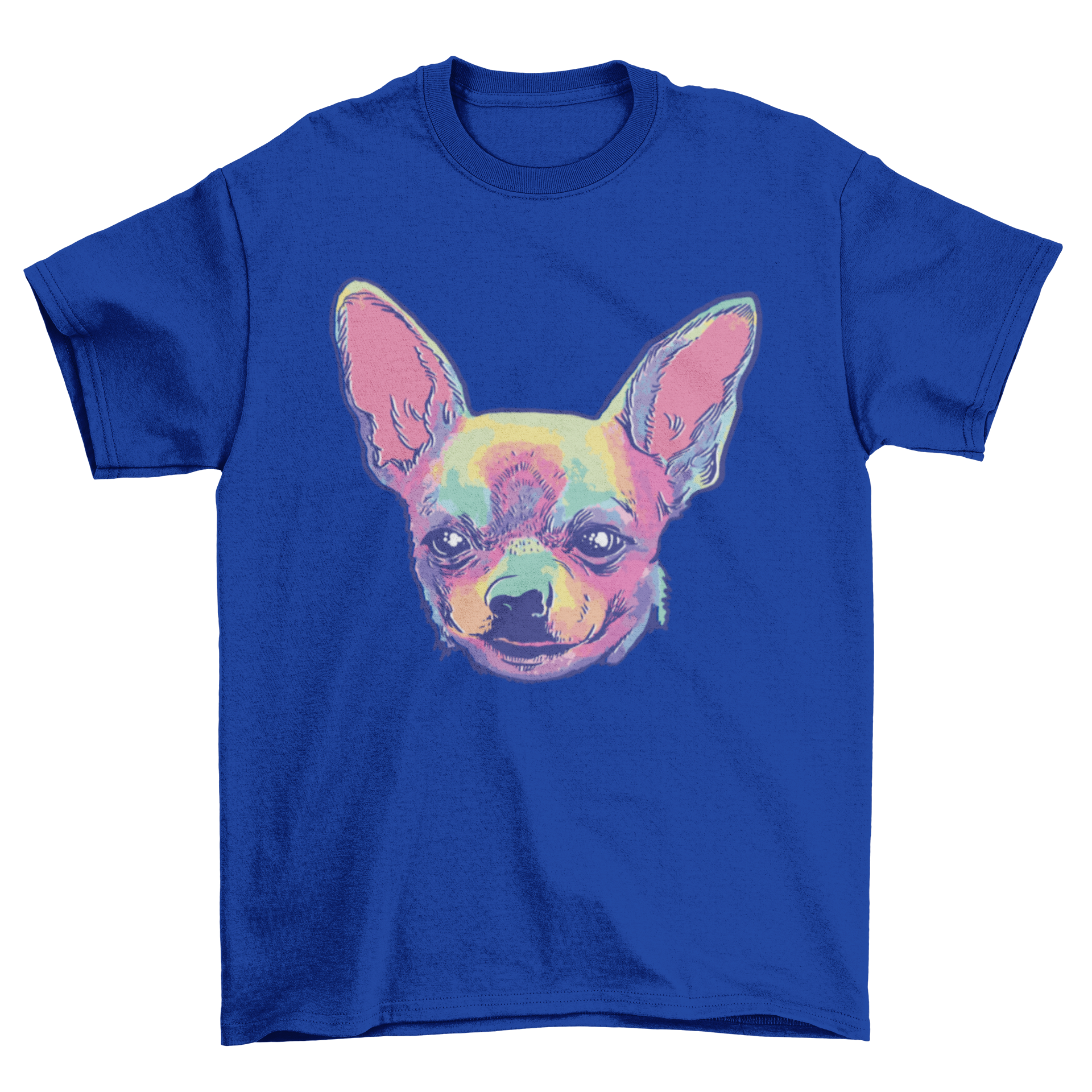 A vibrant tie dye t-shirt featuring a chihuahua face design, showcasing colorful patterns.